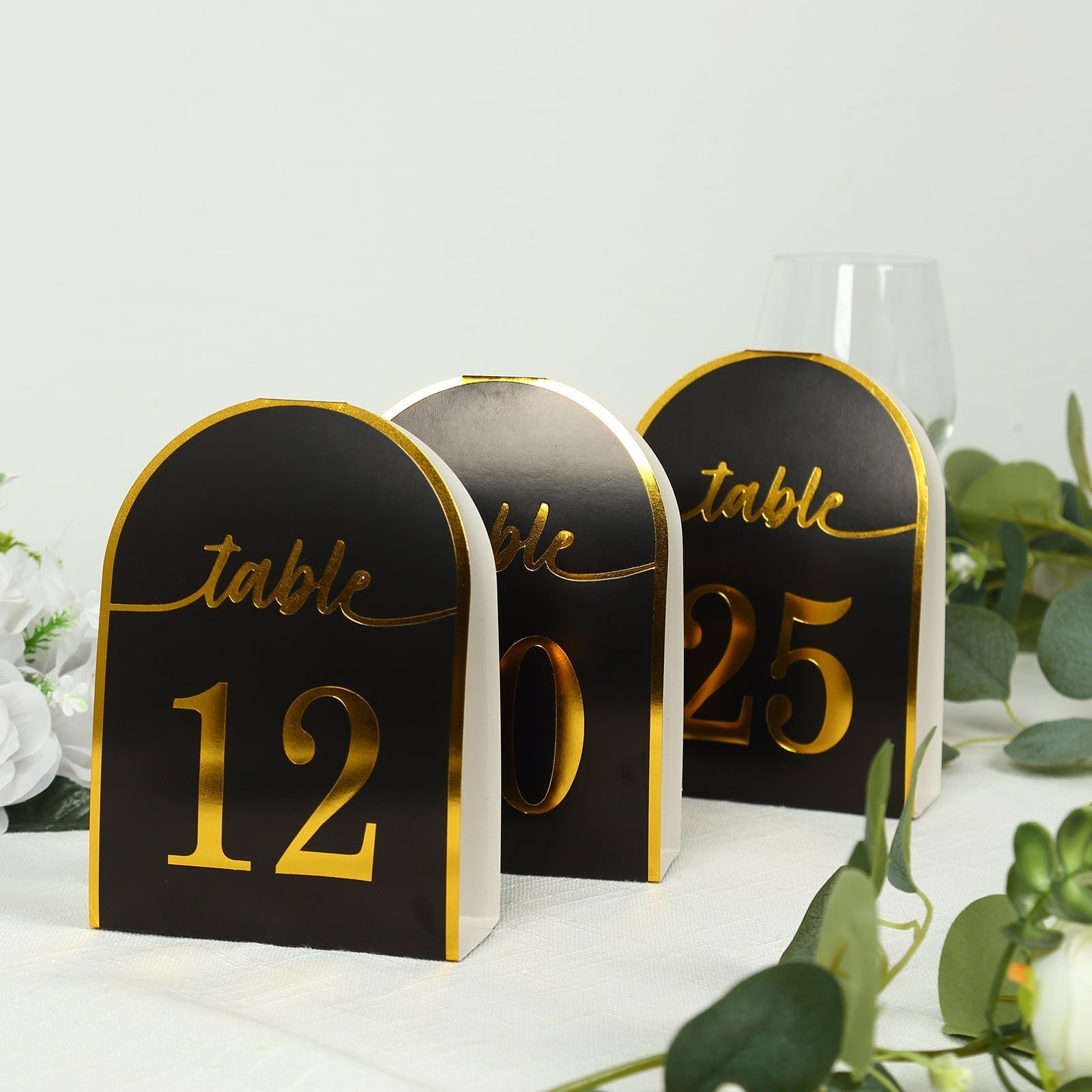 25-Pack Paper Wedding Table Numbers 1-25 Black Arch Cutout Design - Sleek & Modern Free Standing Double Sided Table Tent Cards with Metallic Gold Foil Numbers 7"
