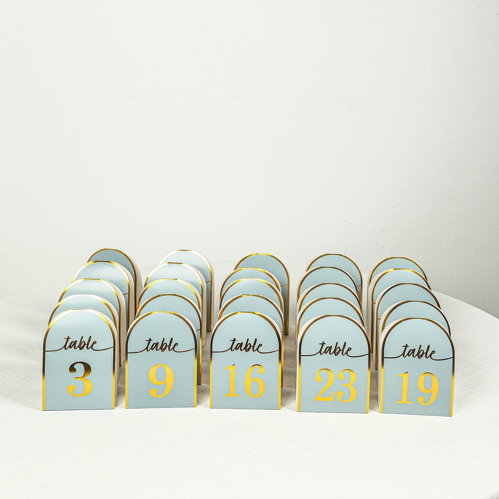 25-Pack Paper Wedding Table Numbers 1-25 Dusty Blue Arch Cutout Design - Sleek & Modern Free Standing Double Sided Table Tent Cards with Metallic Gold Foil Numbers 7"