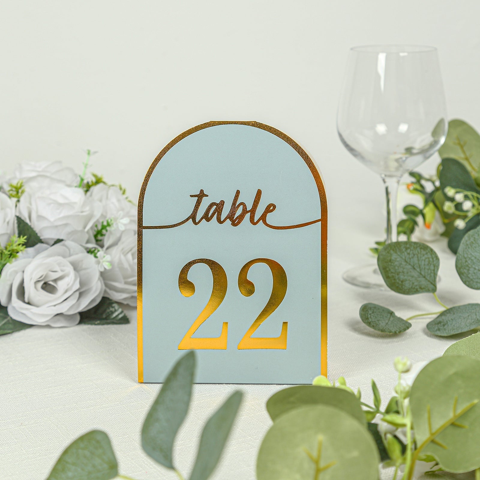 25-Pack Paper Wedding Table Numbers 1-25 Dusty Blue Arch Cutout Design - Sleek & Modern Free Standing Double Sided Table Tent Cards with Metallic Gold Foil Numbers 7"