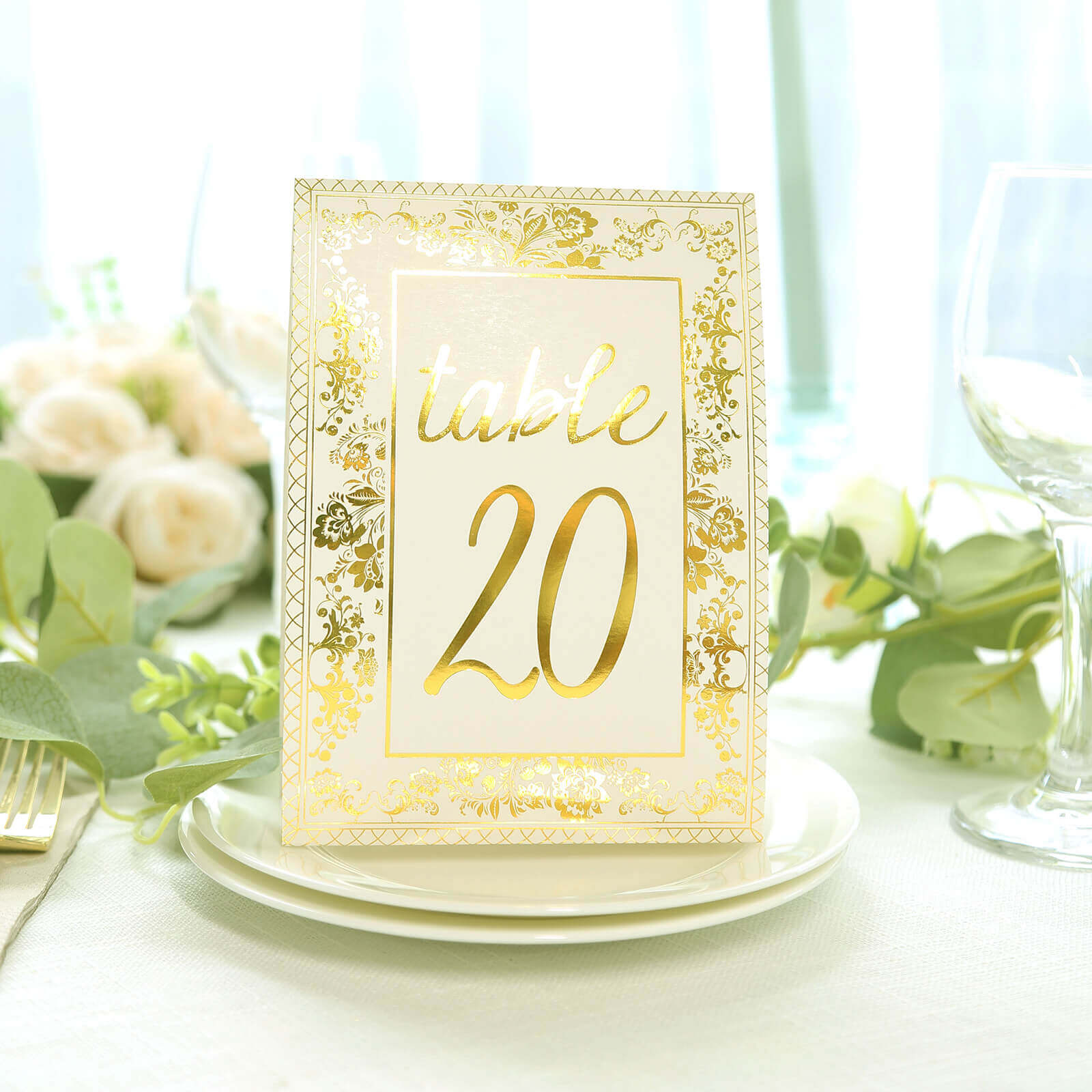 25-Pack Paper Wedding Table Numbers 1-25 White/Metallic Gold French Toile Design - Free Standing Double Sided Table Signs with Glam Gold Foil Numbers 7"