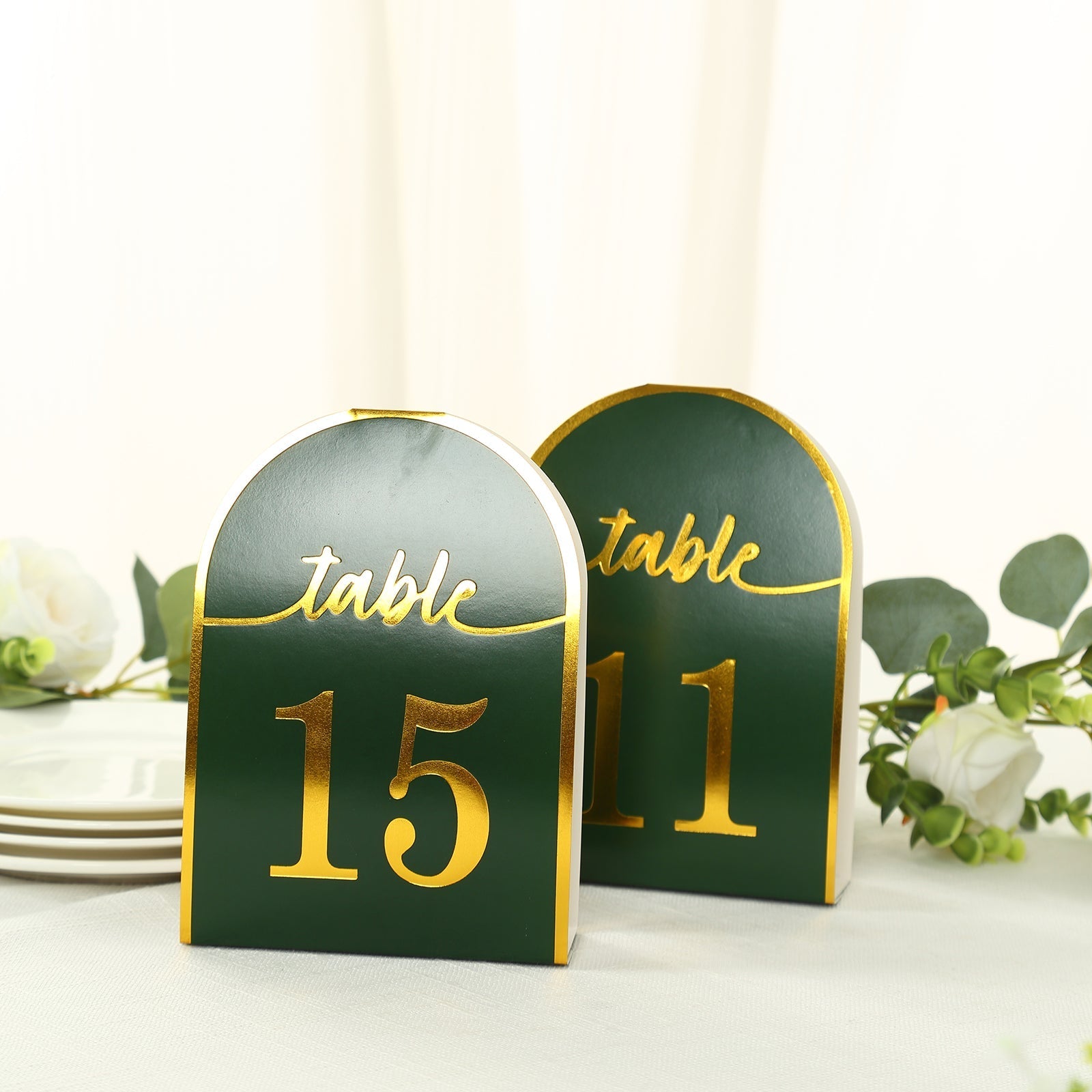 25-Pack Paper Wedding Table Numbers 1-25 Hunter Emerald Green Arch Cutout Design - Sleek & Modern Free Standing Double Sided Table Tent Cards with Metallic Gold Foil Numbers 7"