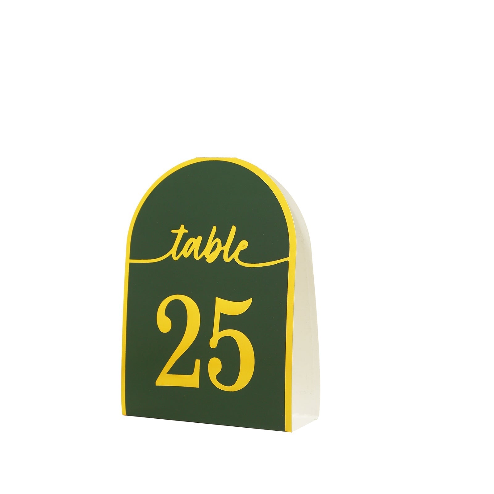 25-Pack Paper Wedding Table Numbers 1-25 Hunter Emerald Green Arch Cutout Design - Sleek & Modern Free Standing Double Sided Table Tent Cards with Metallic Gold Foil Numbers 7"