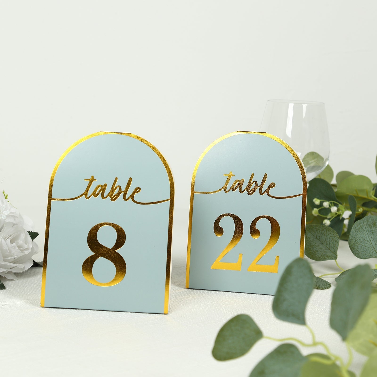 25-Pack Paper Wedding Table Numbers 1-25 Dusty Blue Arch Cutout Design - Sleek & Modern Free Standing Double Sided Table Tent Cards with Metallic Gold Foil Numbers 7"