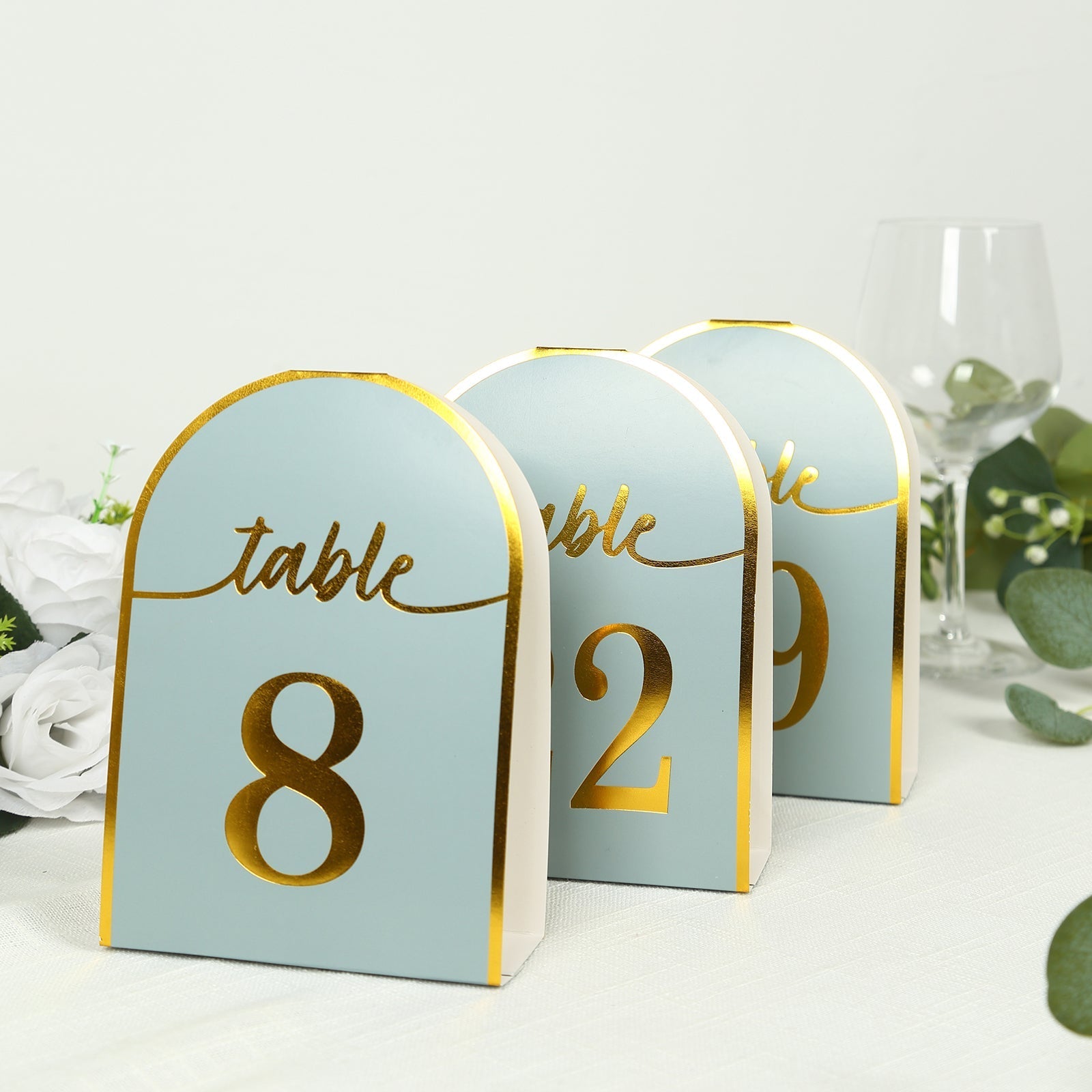 25-Pack Paper Wedding Table Numbers 1-25 Dusty Blue Arch Cutout Design - Sleek & Modern Free Standing Double Sided Table Tent Cards with Metallic Gold Foil Numbers 7"