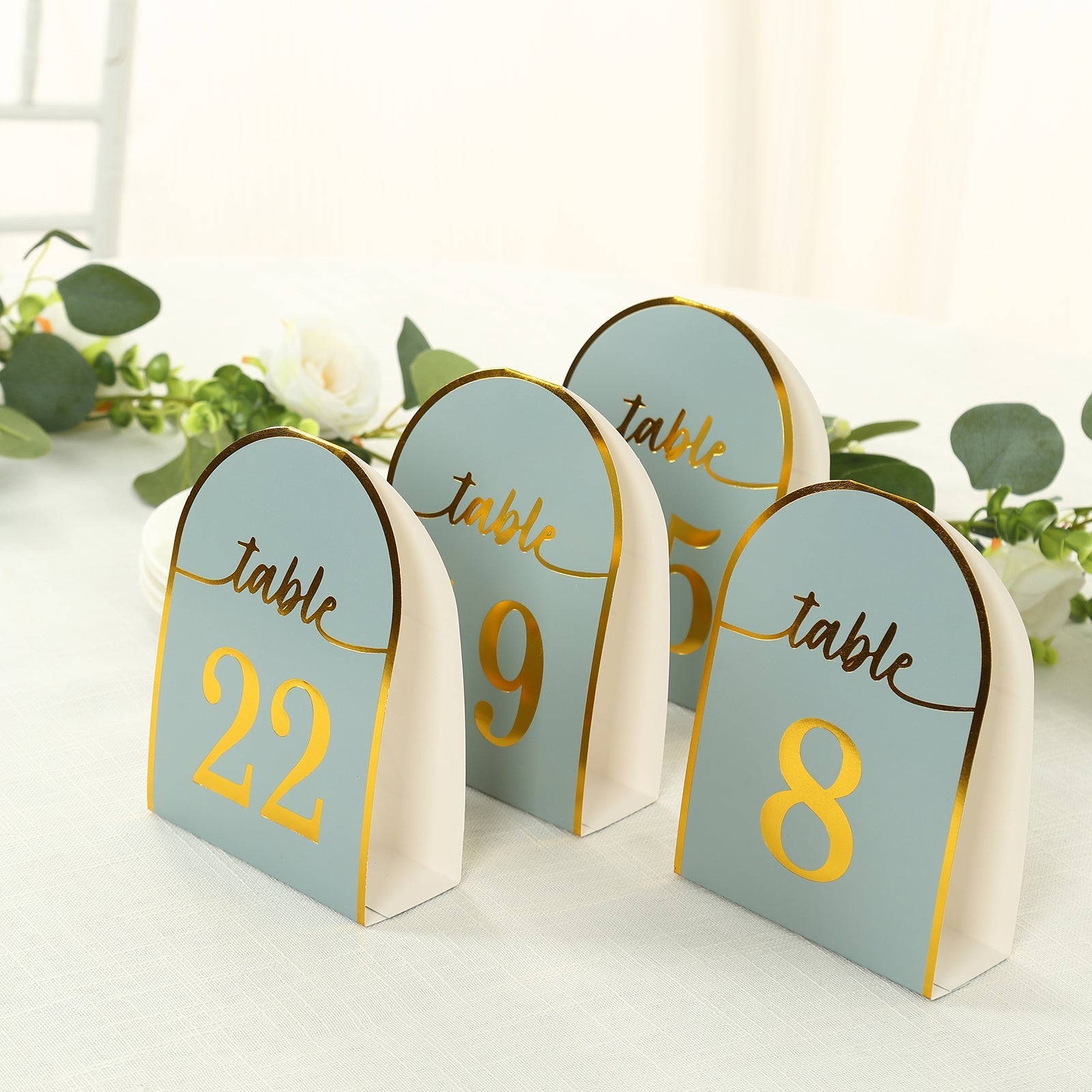 25-Pack Paper Wedding Table Numbers 1-25 Dusty Blue Arch Cutout Design - Sleek & Modern Free Standing Double Sided Table Tent Cards with Metallic Gold Foil Numbers 7"