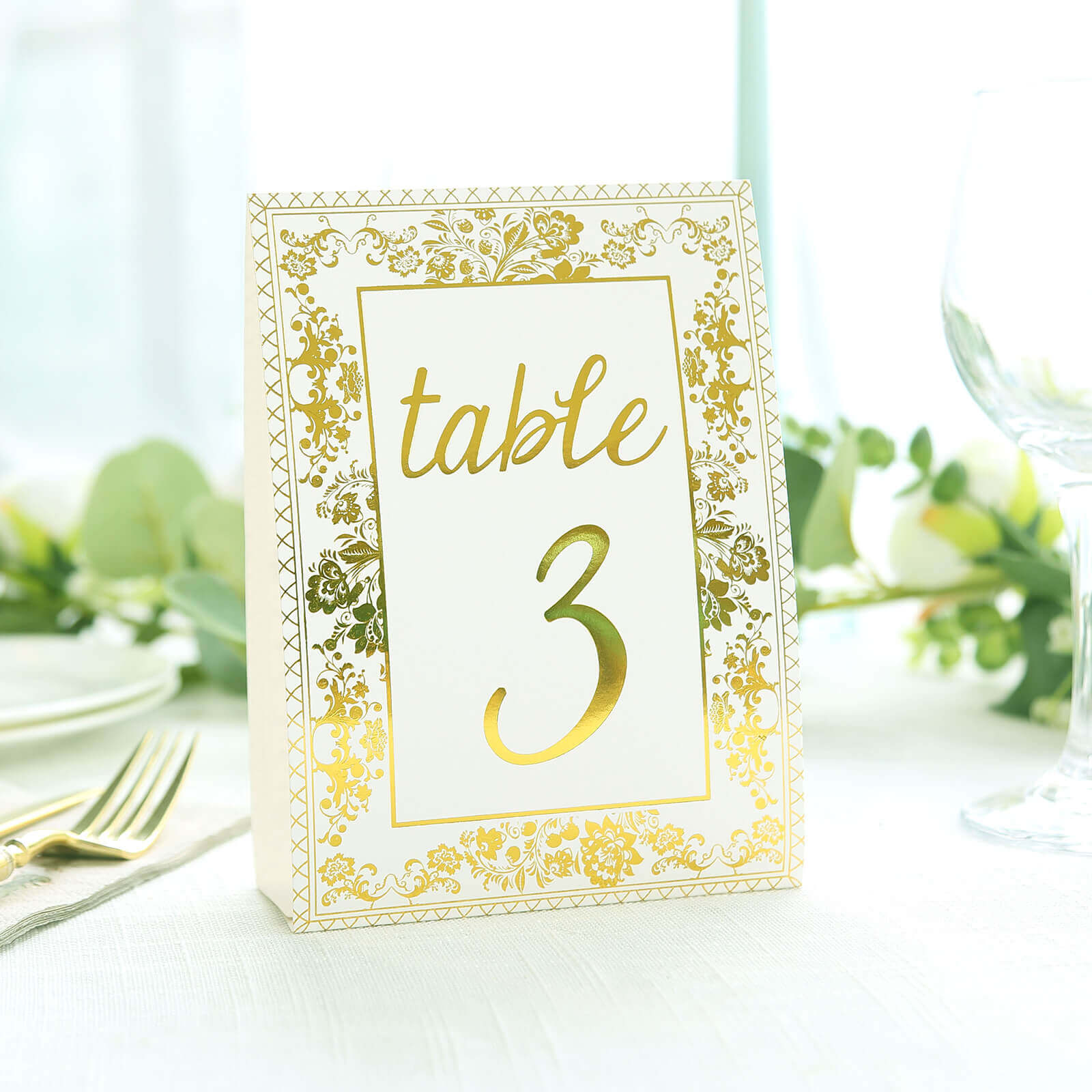 25-Pack Paper Wedding Table Numbers 1-25 White/Metallic Gold French Toile Design - Free Standing Double Sided Table Signs with Glam Gold Foil Numbers 7"