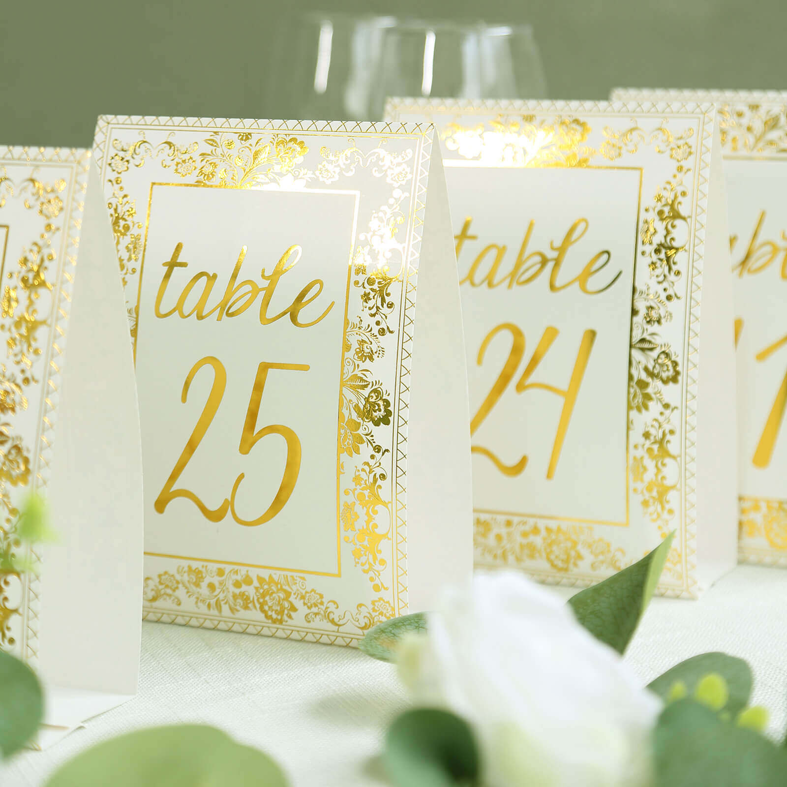 25-Pack Paper Wedding Table Numbers 1-25 White/Metallic Gold French Toile Design - Free Standing Double Sided Table Signs with Glam Gold Foil Numbers 7"