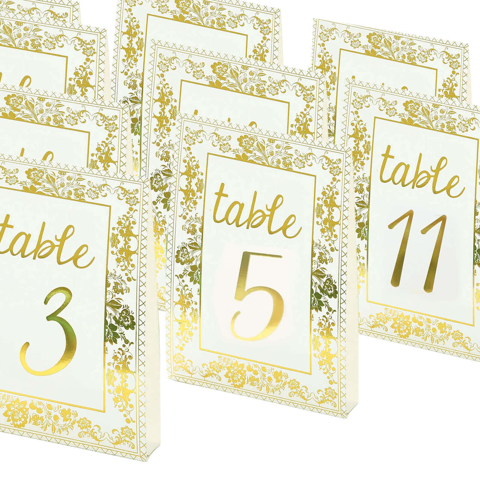 25-Pack Paper Wedding Table Numbers 1-25 White/Metallic Gold French Toile Design - Free Standing Double Sided Table Signs with Glam Gold Foil Numbers 7"