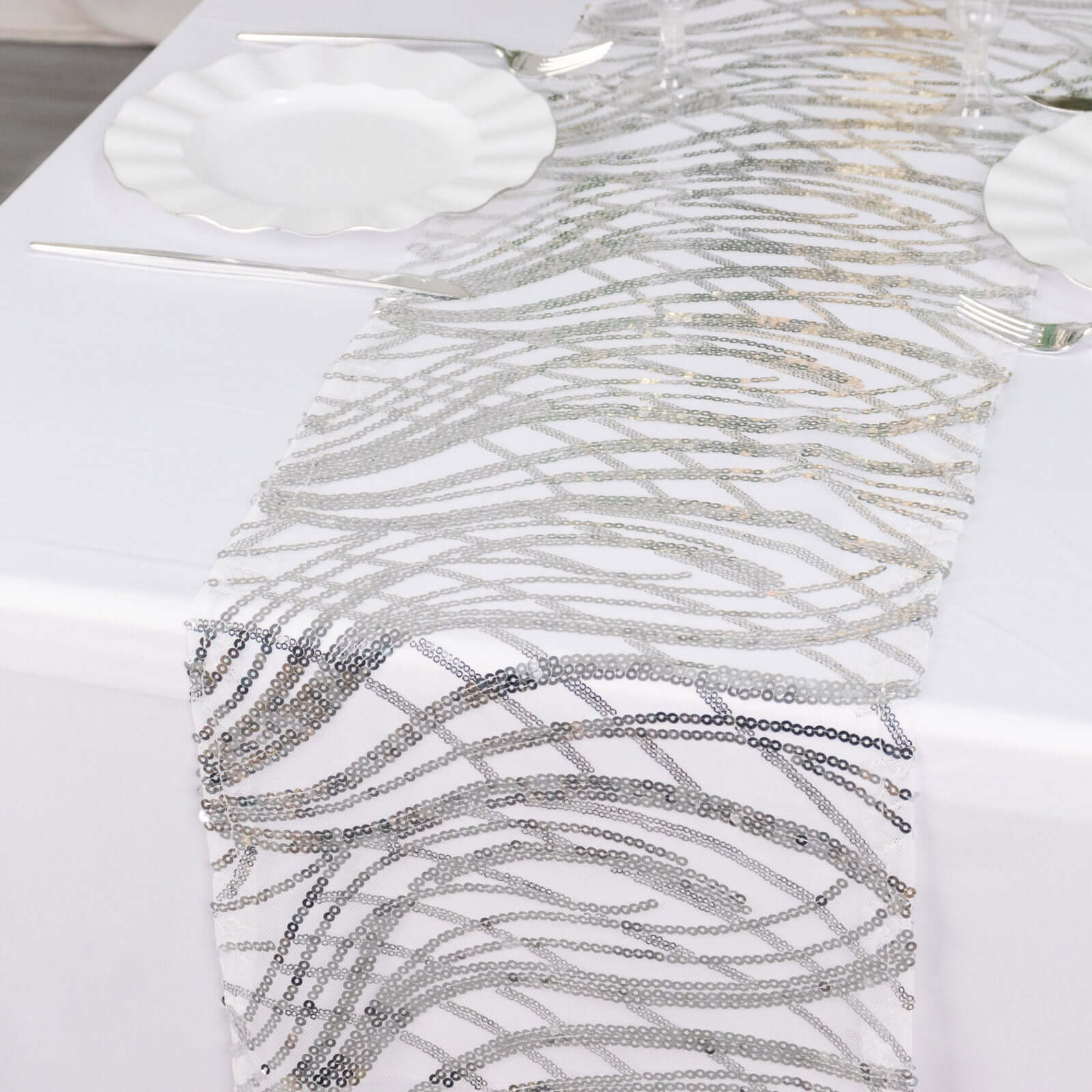 Sequin Mesh 12"x108" Table Runner Silver Stylish Wave Embroidery