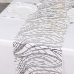 Sequin Mesh 12"x108" Table Runner Silver Stylish Wave Embroidery