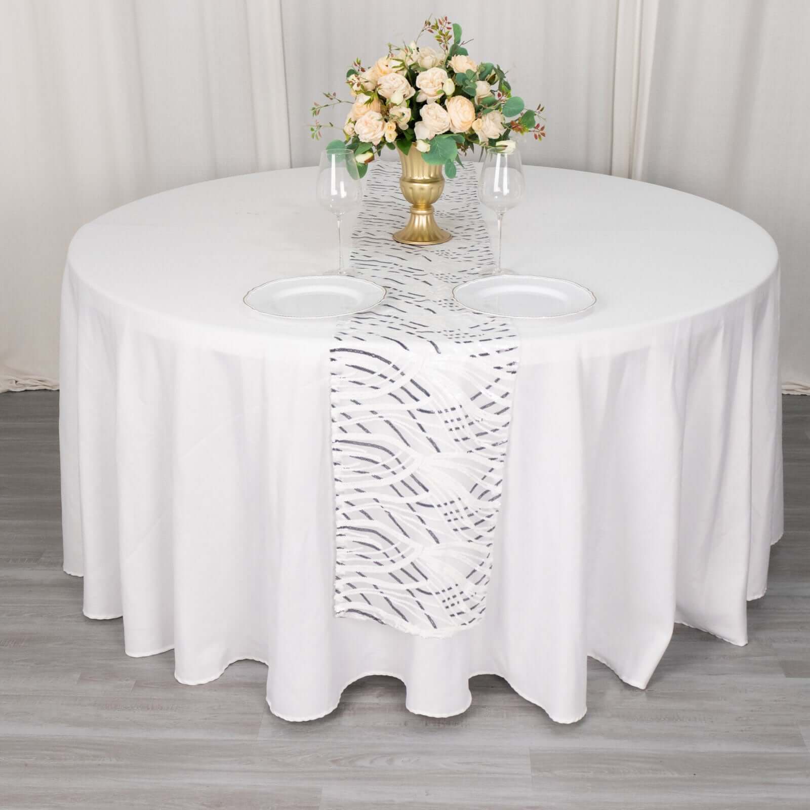 Sequin Mesh 12"x108" Table Runner White Black Stylish Wave Embroidery