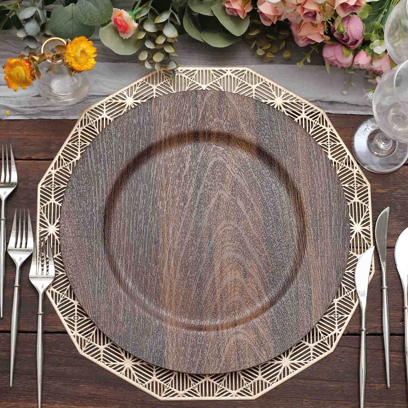 6-Pack Plastic Round Charger Plates 13" in Dark Brown with Faux Wood Finish, Rustic Boho Chic Dinner Party Charger Tableware