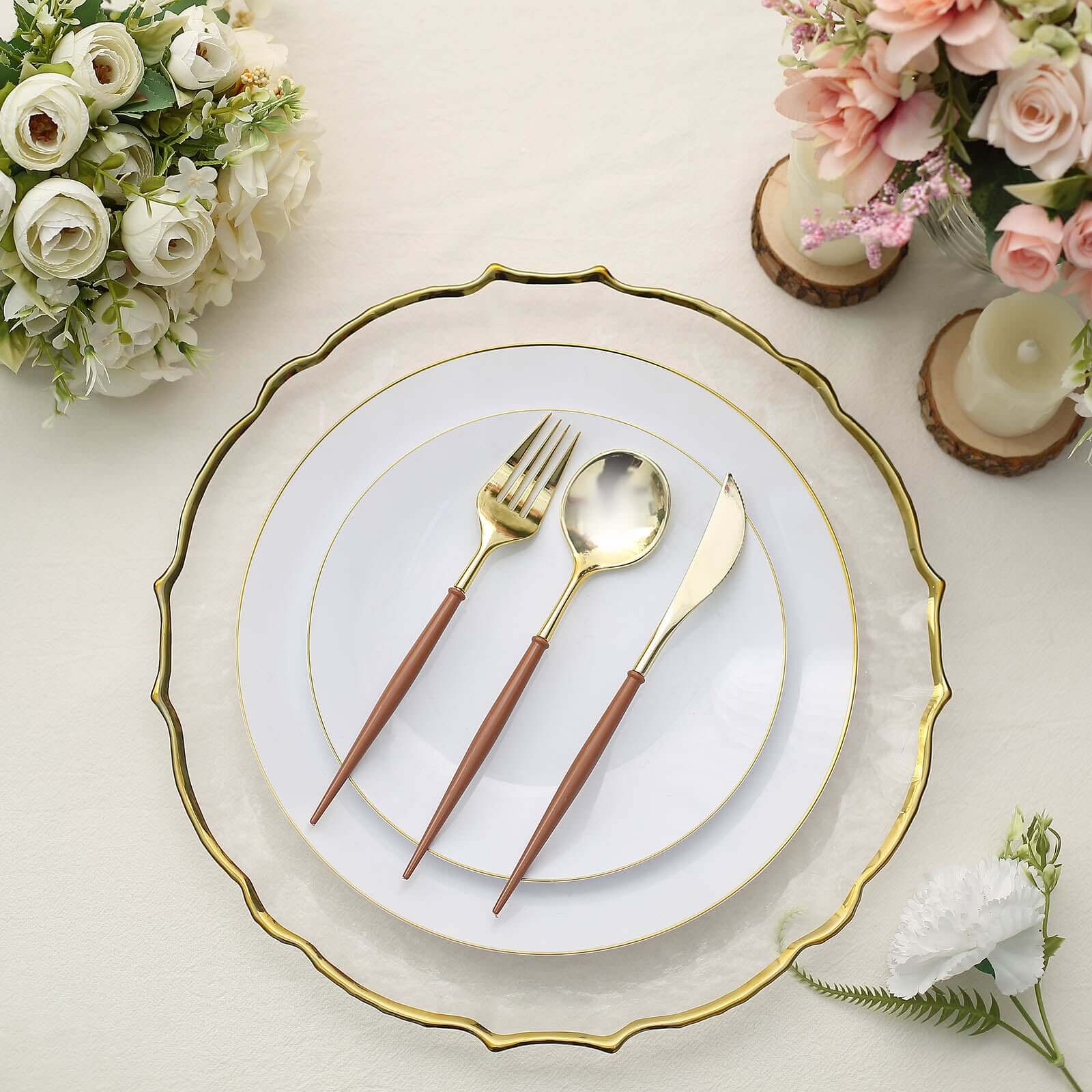 24-Pack Plastic Flatware Set in Metallic Gold with Brown Handle - Heavy Duty Disposable Modern Silverware 8"