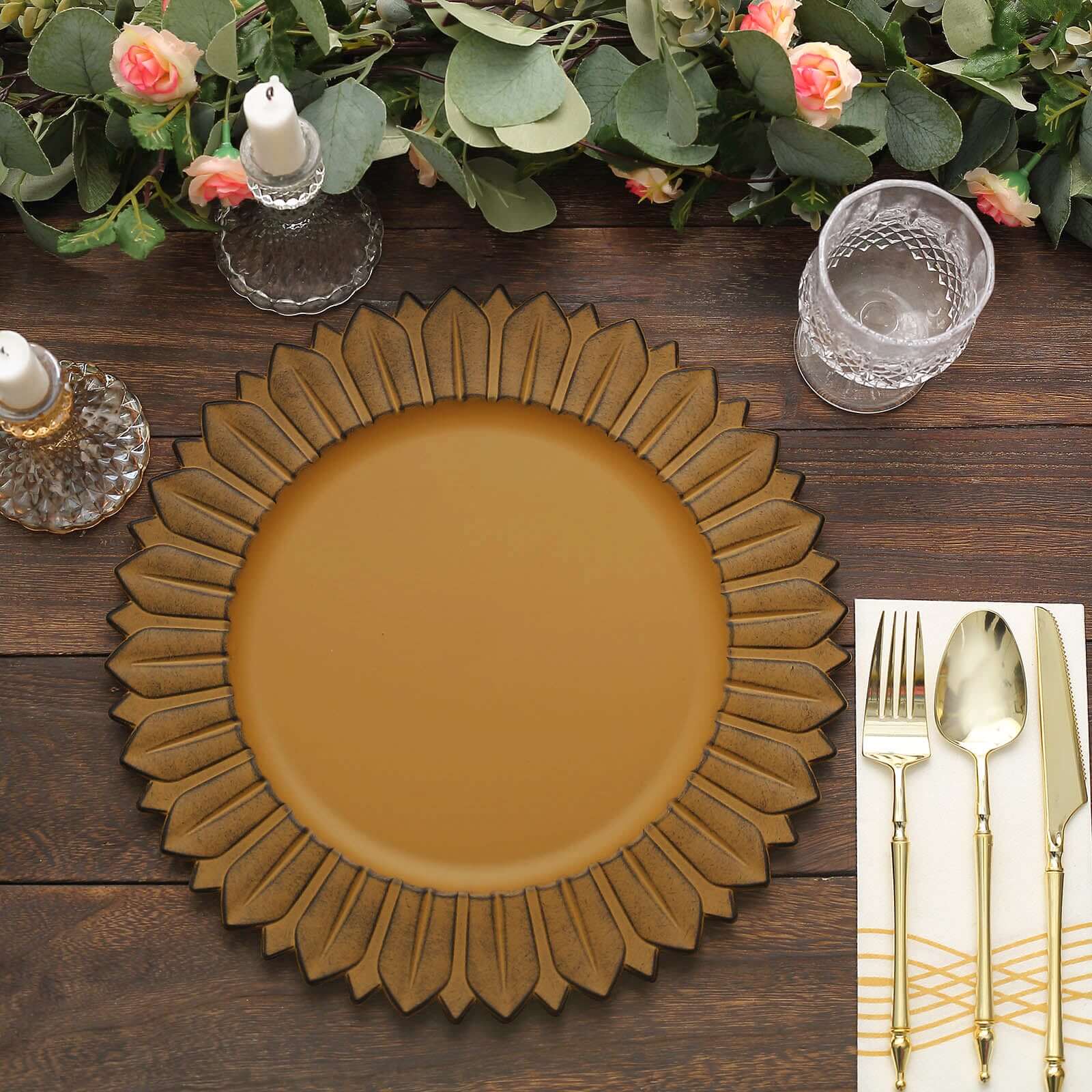 6-Pack Plastic Round Charger Plates 13" in Mustard Yellow with Sunflower Rim, Matte Finish Disposable Dinner Charger Tableware