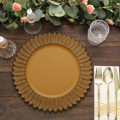 6-Pack Plastic Round Charger Plates 13" in Mustard Yellow with Sunflower Rim, Matte Finish Disposable Dinner Charger Tableware