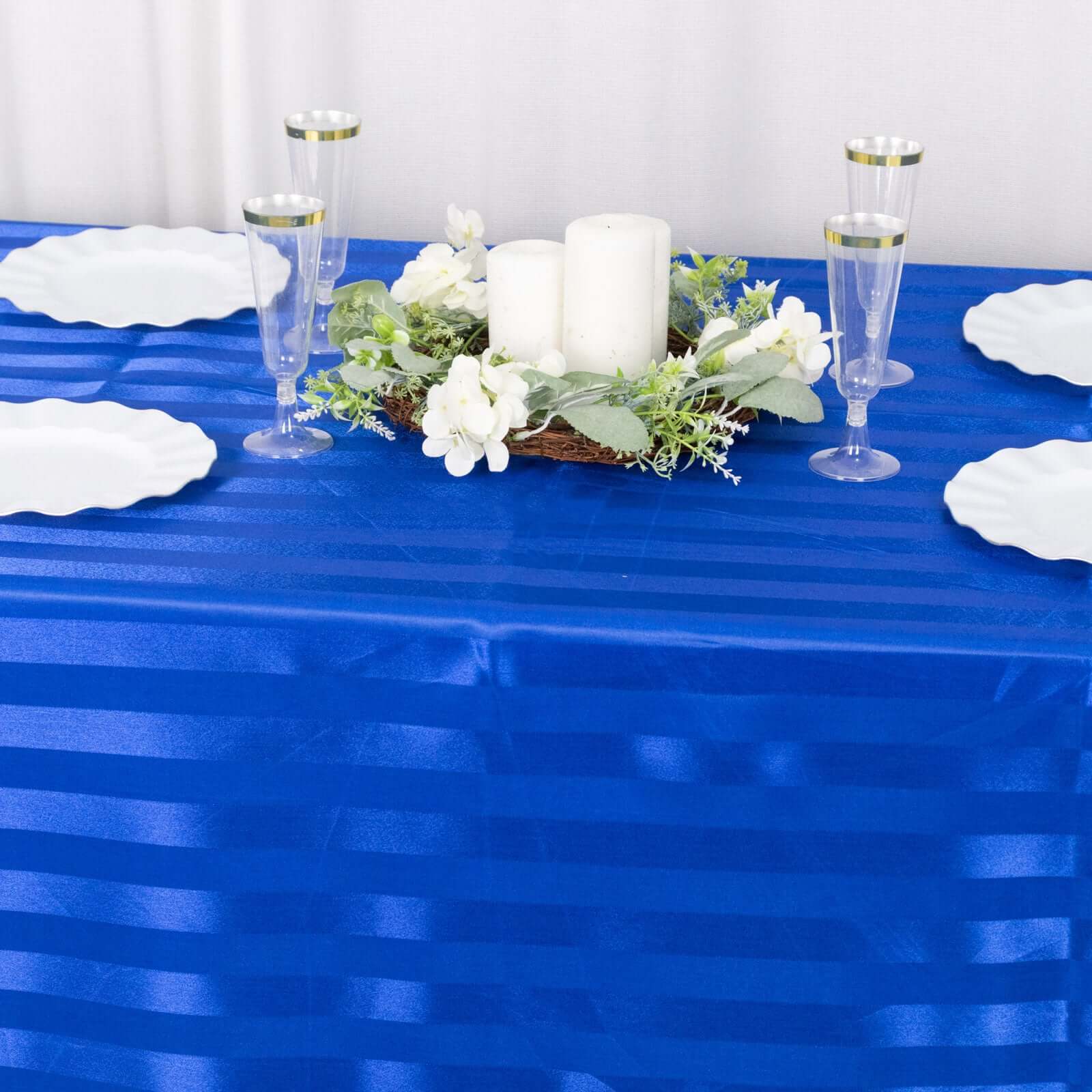 Satin Striped 90"x132" Rectangular Tablecloth Royal Blue Satin Stripe - Seamless Silky Smooth Table Cover