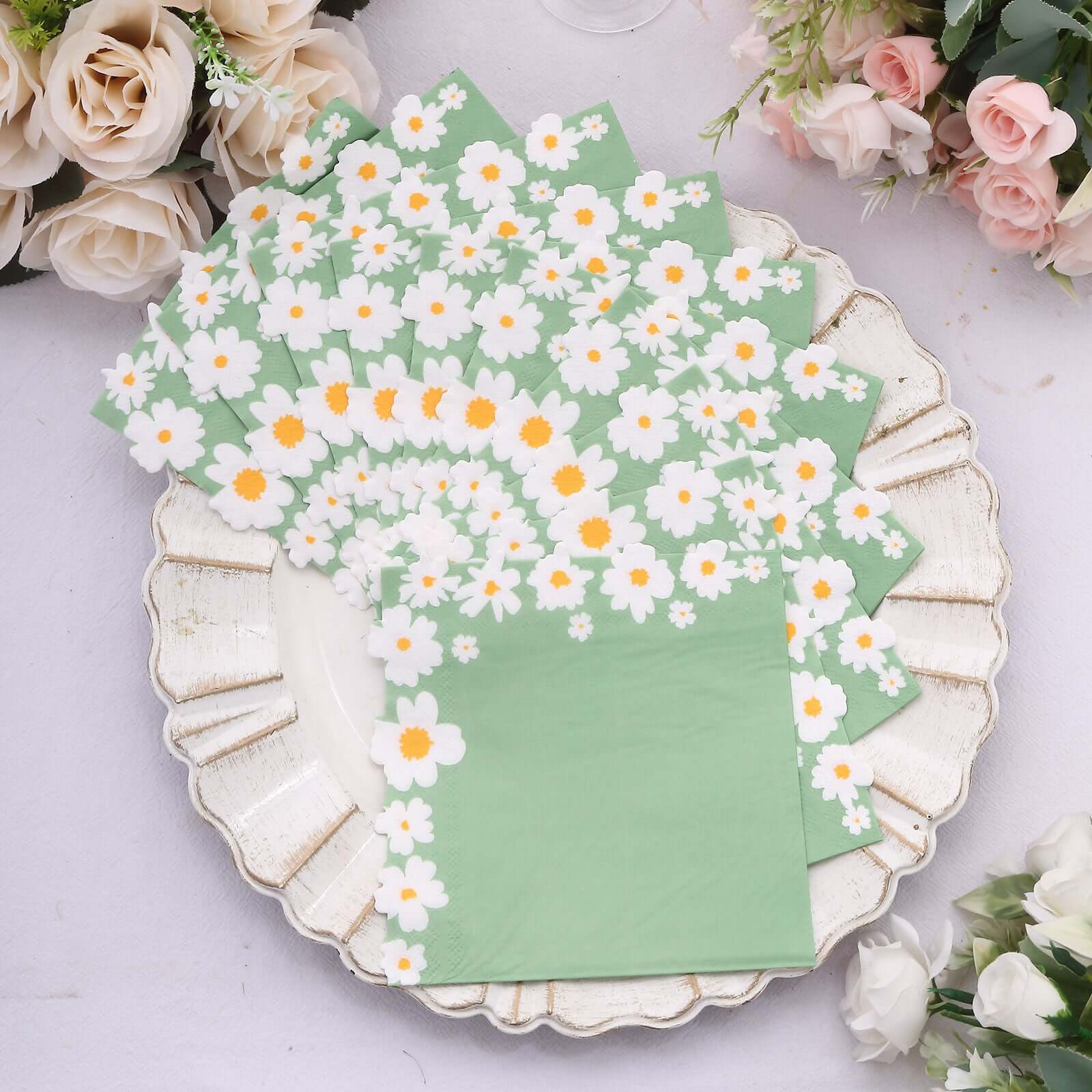 50-Pack Paper Beverage Napkins with Daisy Flower Design Sage Green - 2 Ply Soft 18GSM Floral Wedding Napkins 6.5"x6.5"