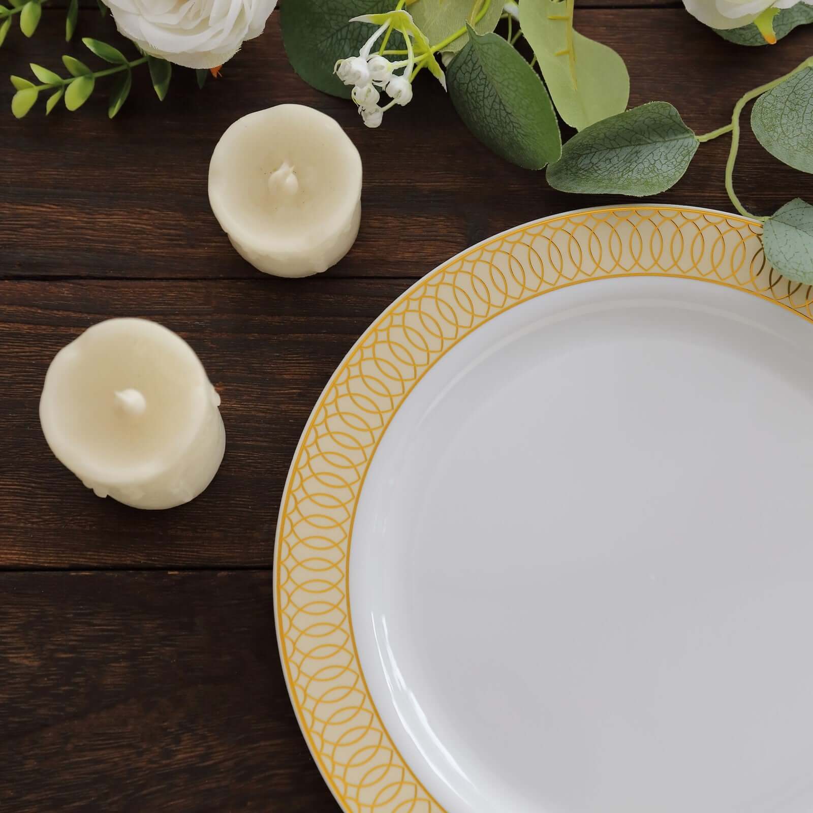 10-Pack Plastic Round Dinner Plates 10" White with Beige Gold Spiral Rim - Chic Disposable Party Plates