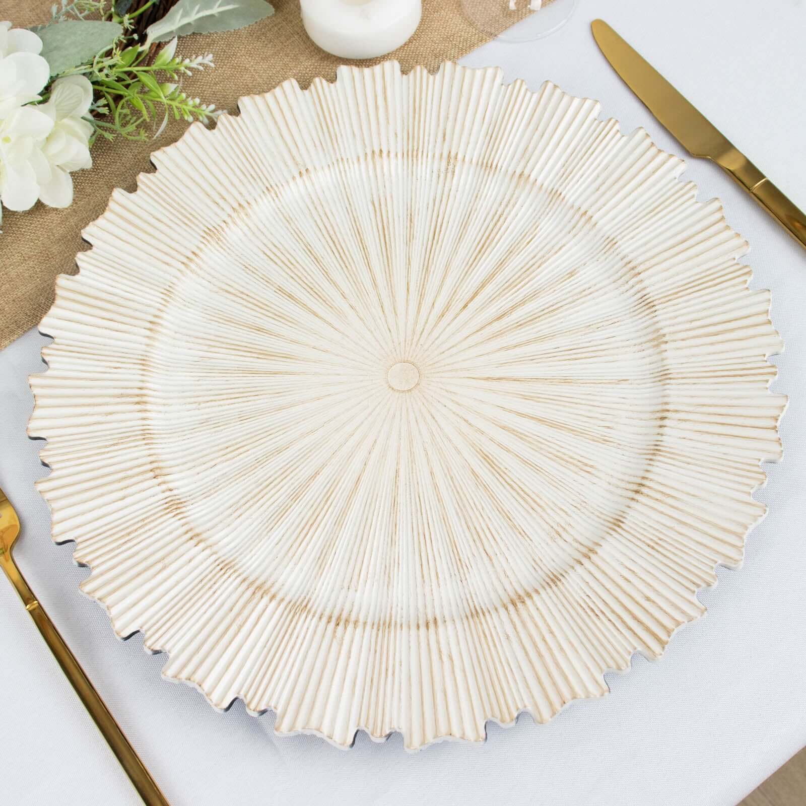 6-Pack Acrylic Plastic Round Charger Plates 13" in Washwhite with Sunray Scalloped Rim, Decorative Dinner Party Charger Tableware