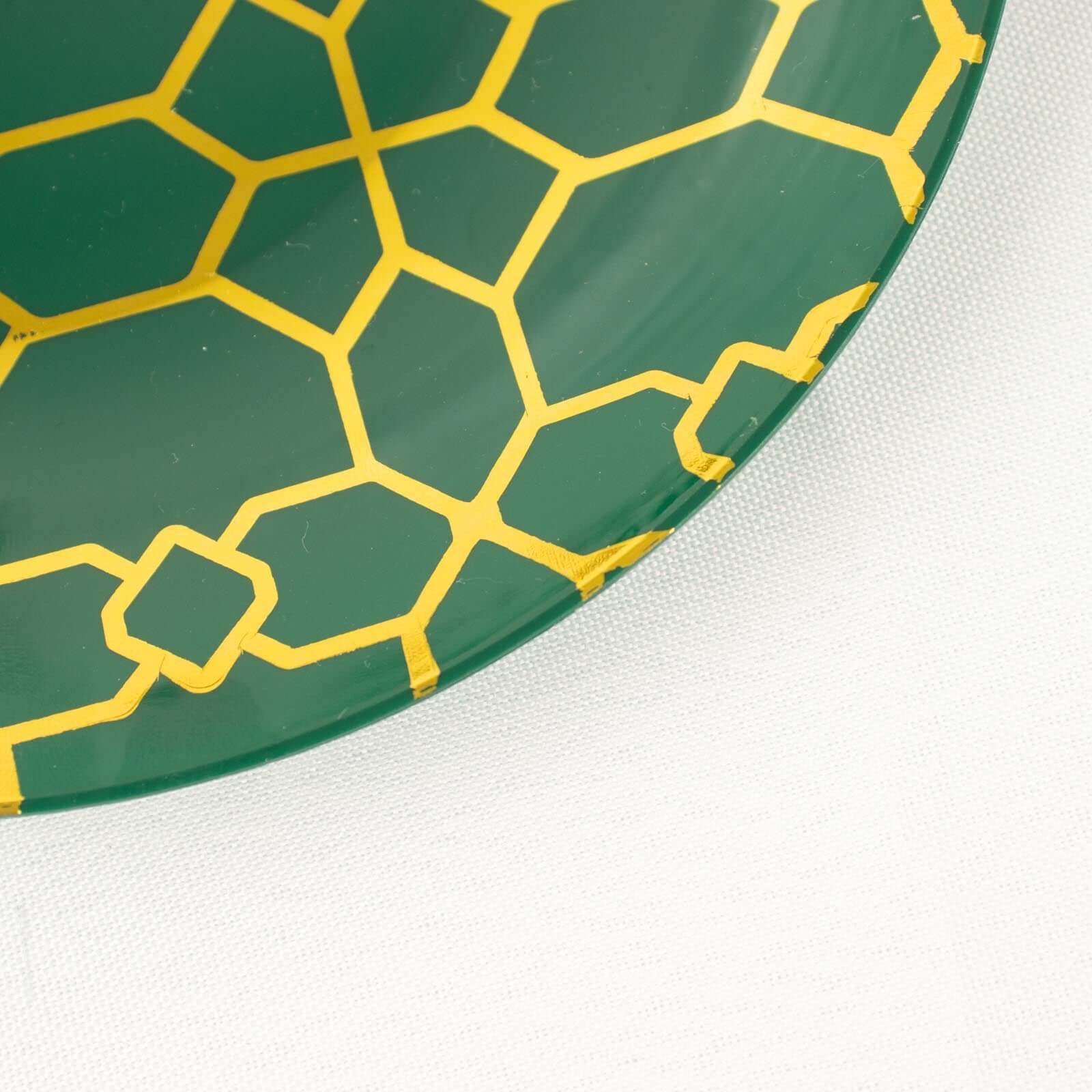 20-Pack Set Plastic Round Dinner and Salad Plates in Hunter Emerald Green with Geometric Gold Print - Modern Disposable Dinnerware Set for Weddings & Celebrations 9", 7"