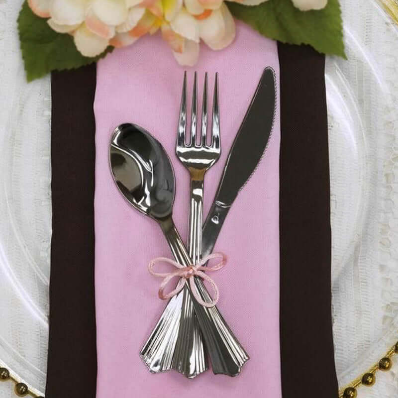 24-Pack Plastic Utensil Set Silver Heavy Duty with Fluted Handles - Durable Disposable Silverware 6", 7"
