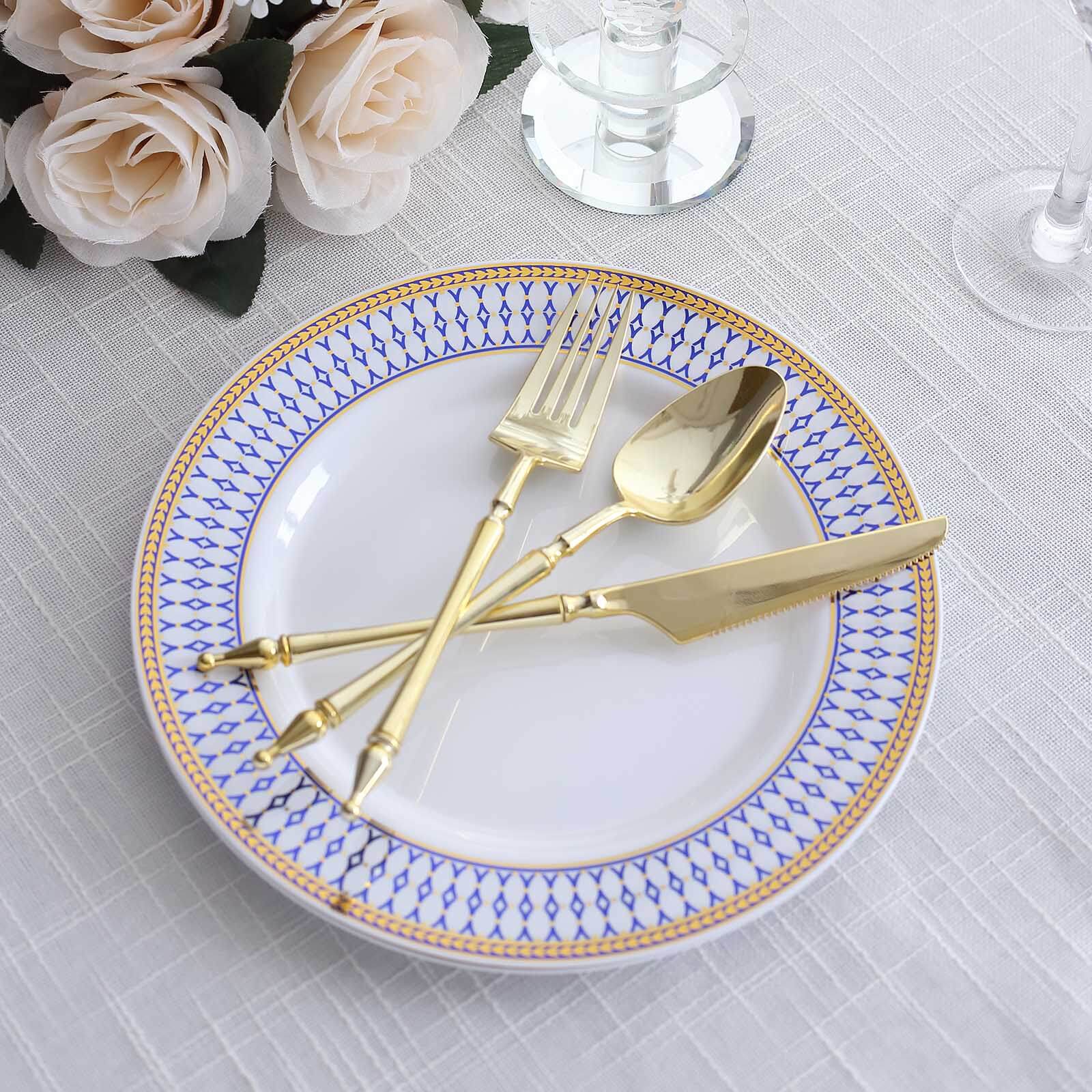 10-Pack Plastic 9" Round Dinner Plates in White with Gold Navy Blue Chord Rim - Renaissance Style Disposable Plates for Events & Banquets