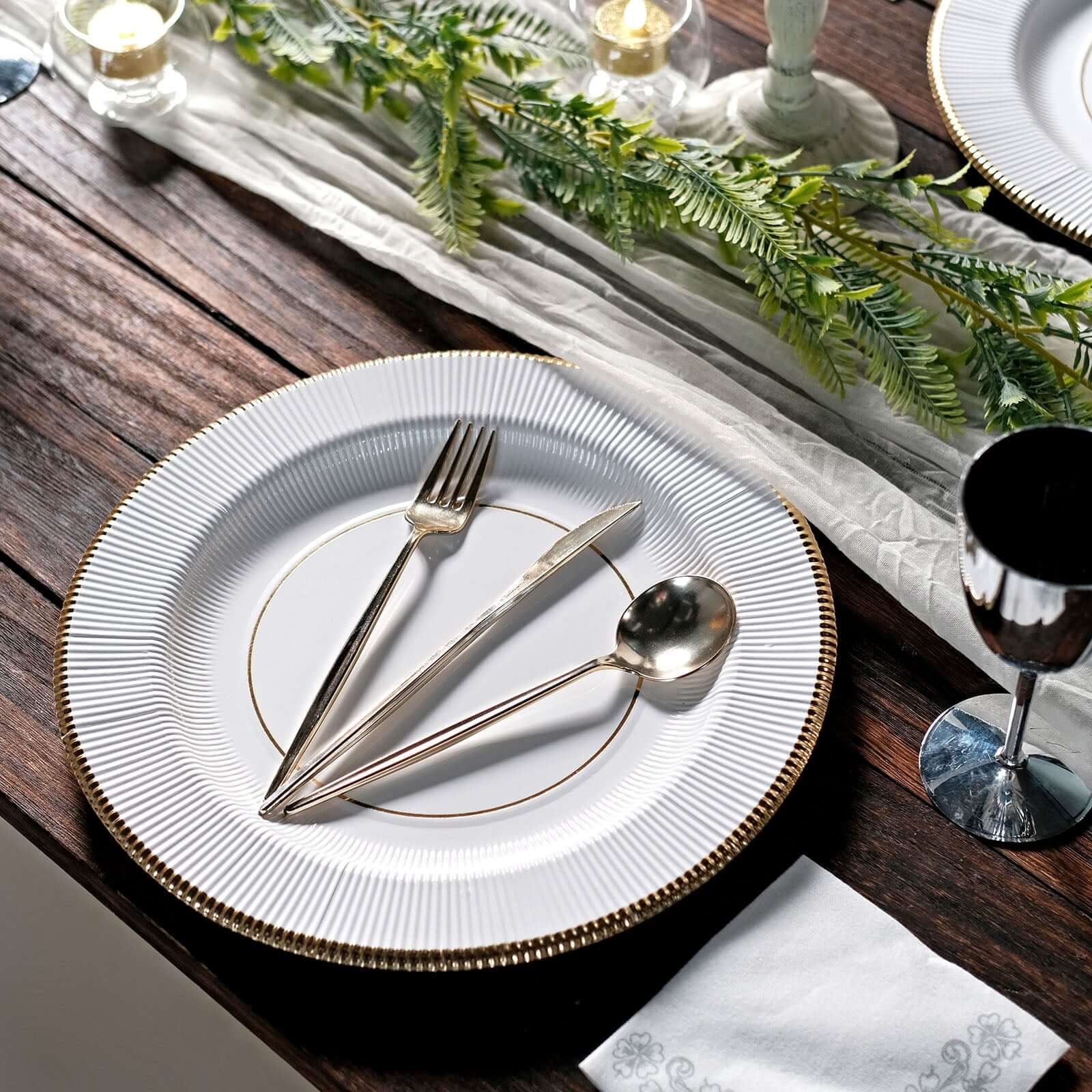 25-Pack Disposable Round Charger Plates in White Sunray Design with Gold Rim - 350GSM Heavy Duty Paper Chargers for Chic Table Settings 13"