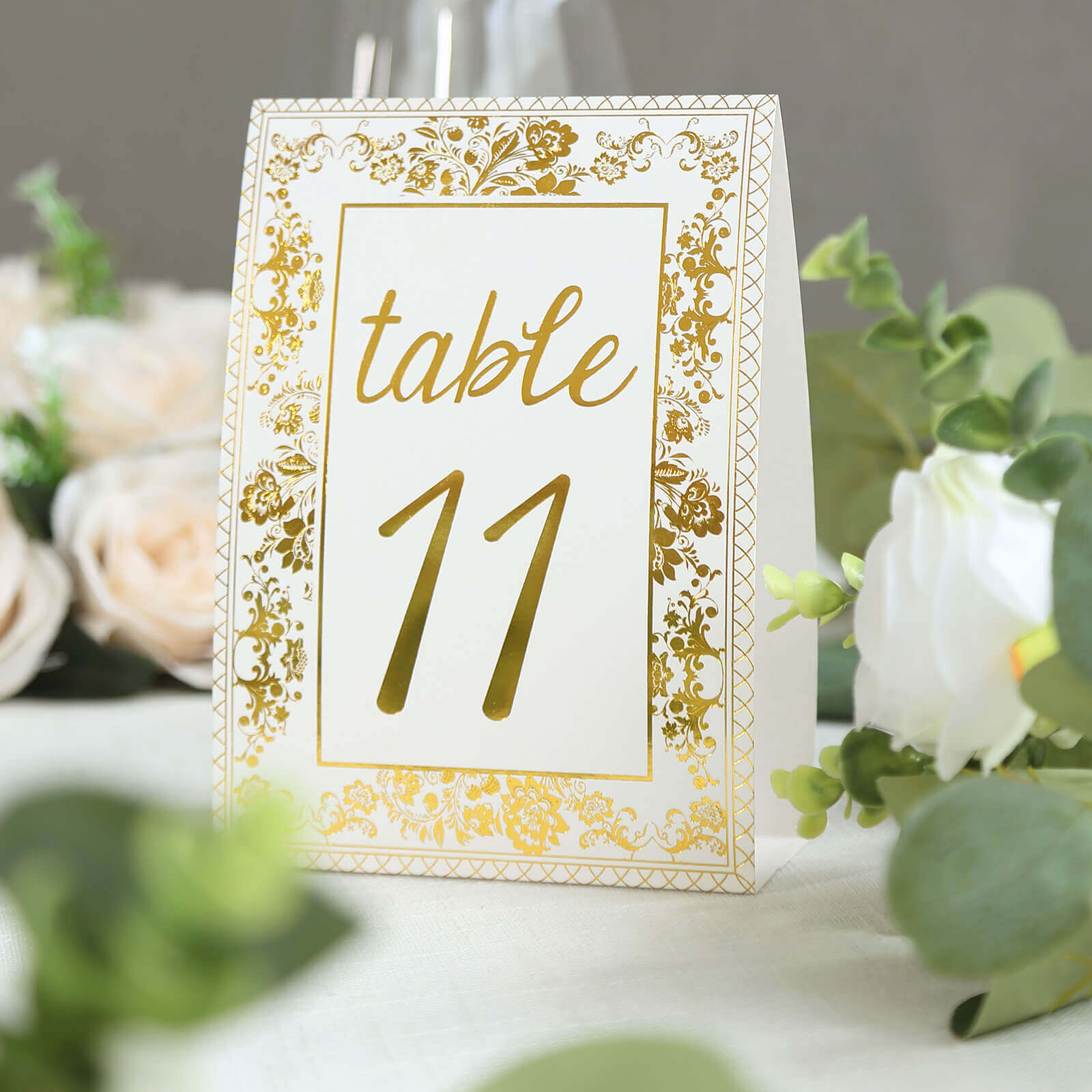 25-Pack Paper Wedding Table Numbers 1-25 White/Metallic Gold French Toile Design - Free Standing Double Sided Table Signs with Glam Gold Foil Numbers 7"