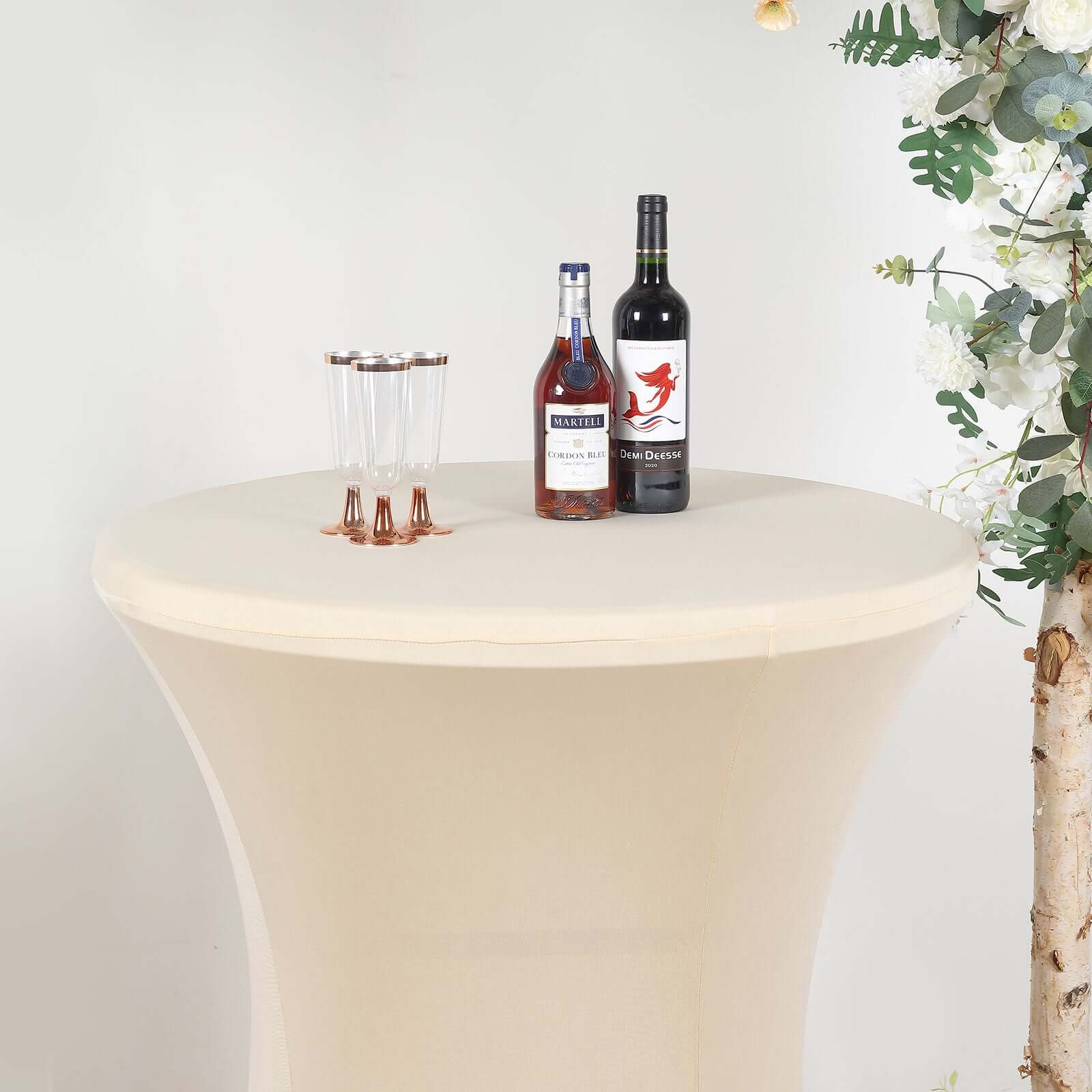 Spandex 24"-32" Round Cocktail Table Cover Beige - Easy to Maintain Stretch Fitted Highboy Tablecloth