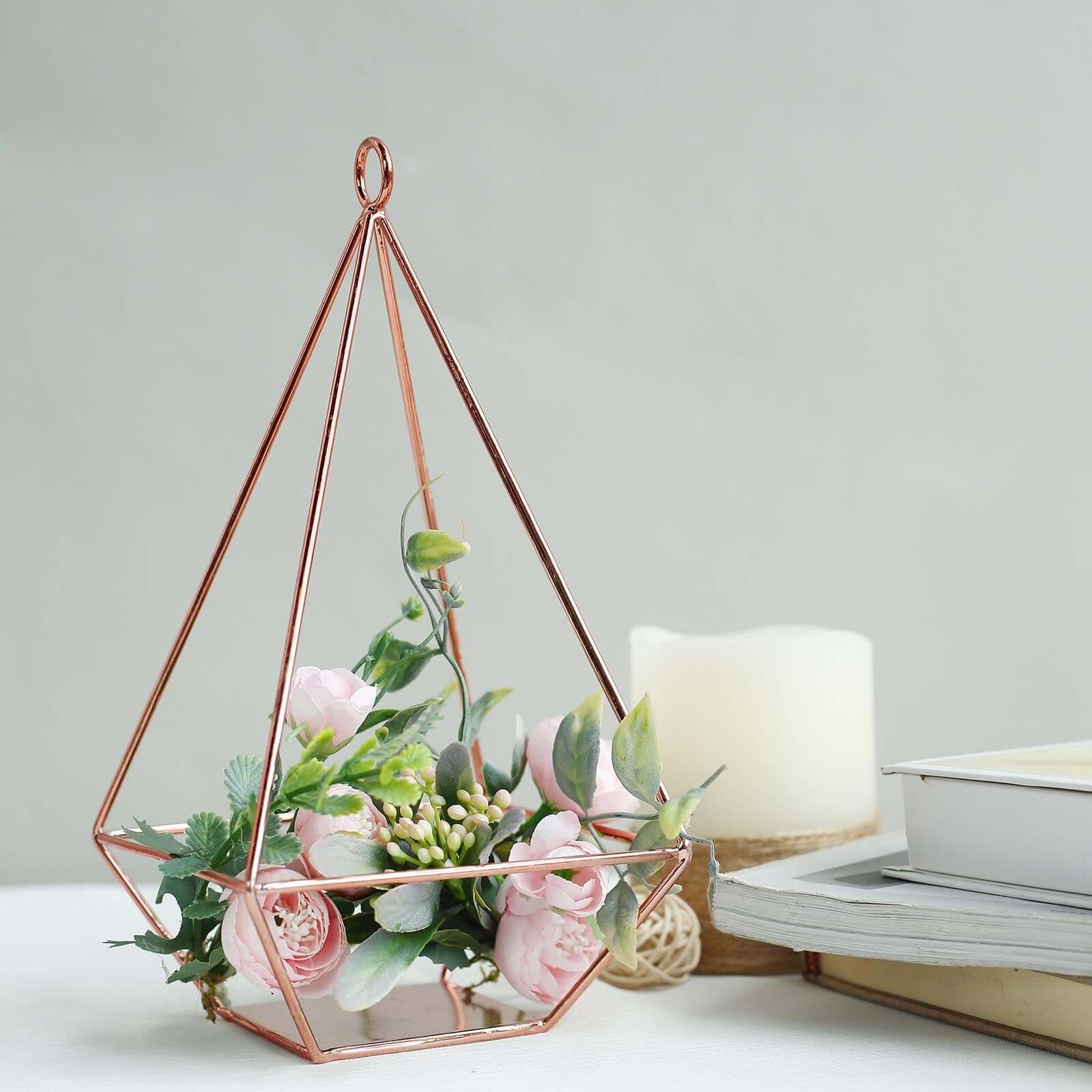 2-Pack Tealight Candle Holders Rose Gold Metal Pyramid Geometric Open Frame - Flower Stand 9"