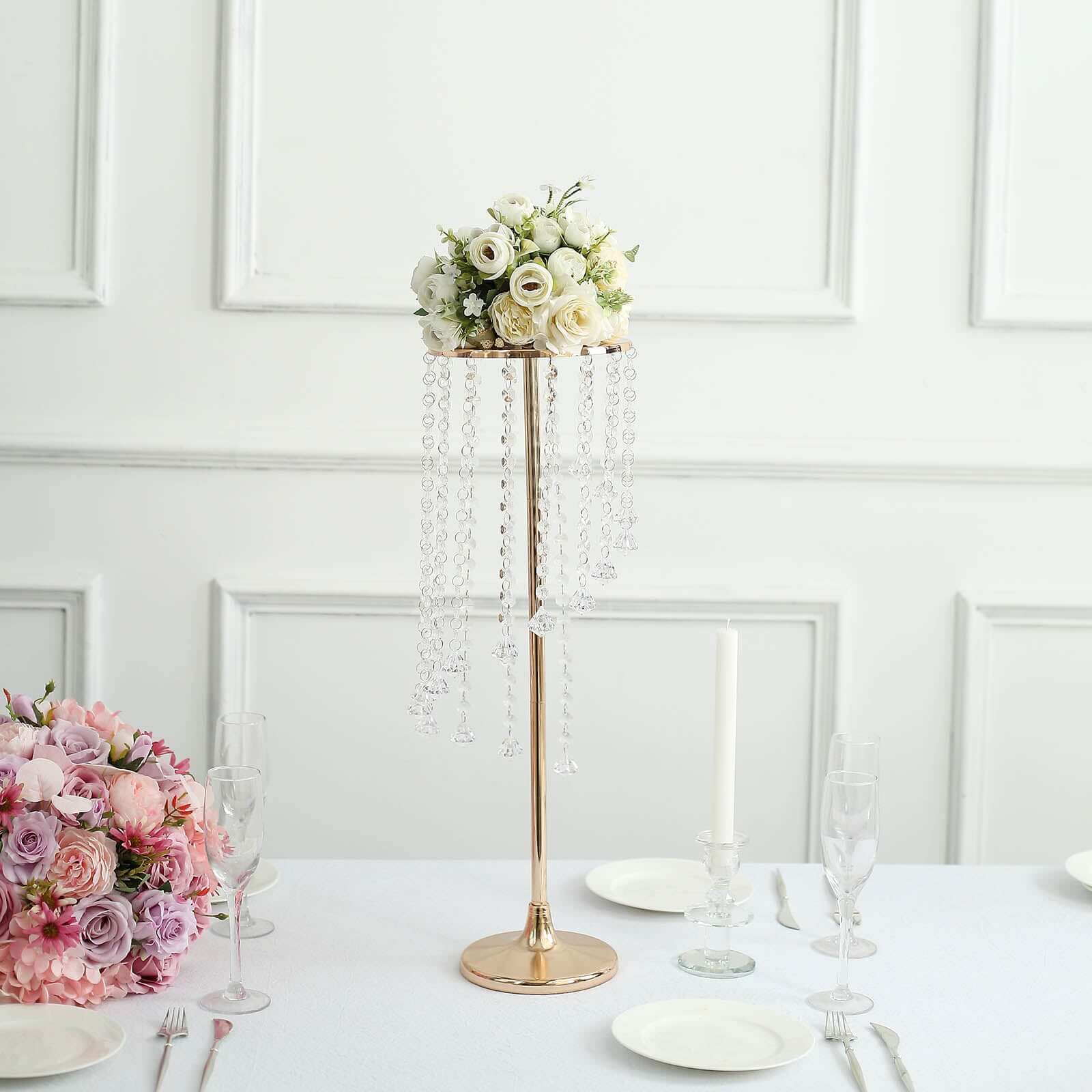 2-Pack Metal Flower Stand Gold with Spiral Hanging Beads - Crystal Pedestal Table Wedding Centerpiece 24"