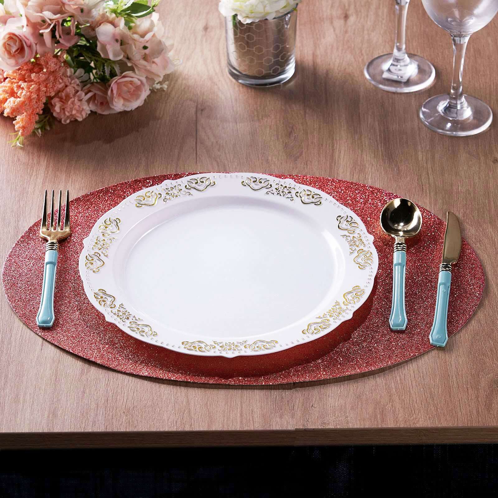 6-Pack Placemats Glitter Design Coral Sparkle Oval - Non-Slip Decorative Table Mats for Dining 12"x18"