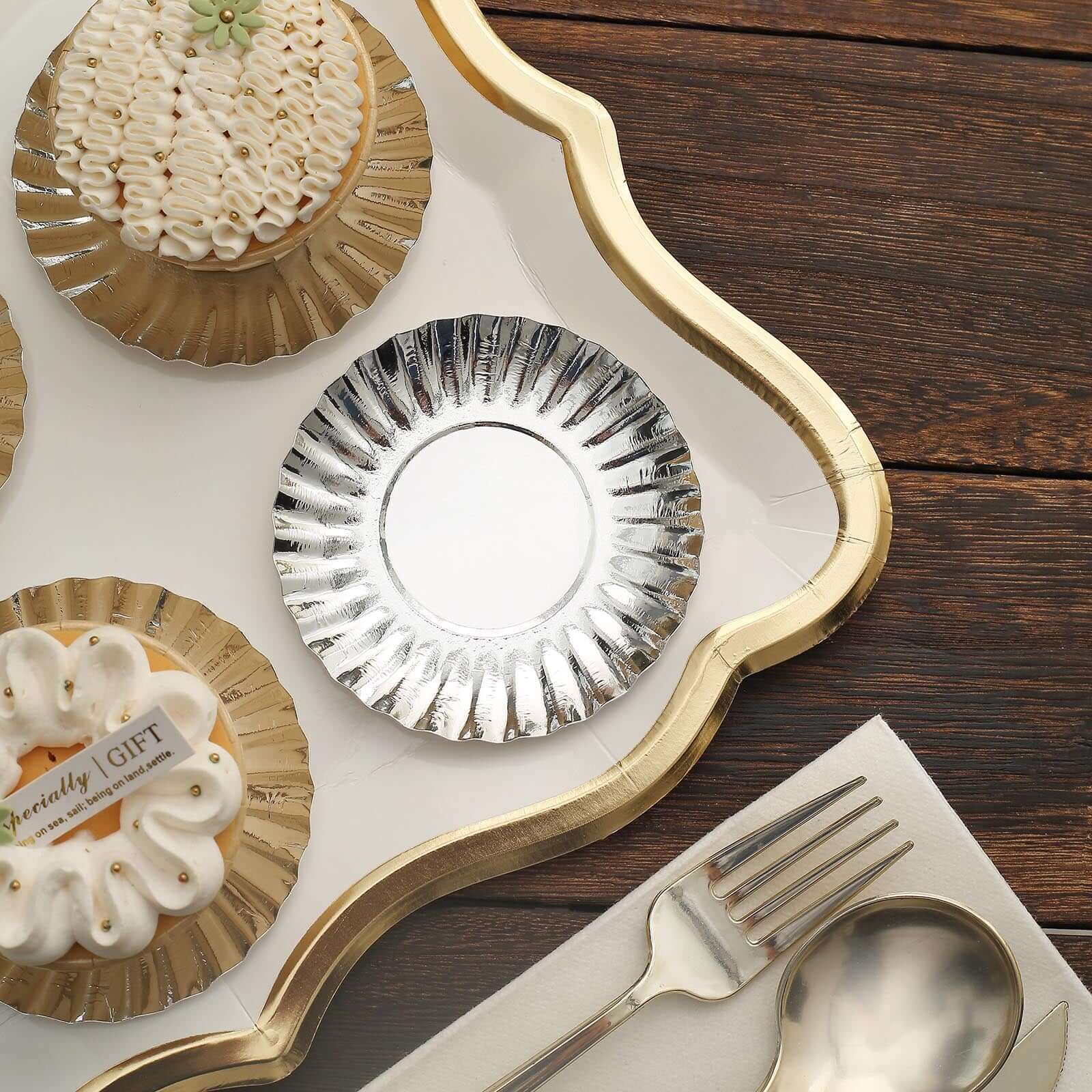 50-Pack Paper 3.5" Round Party Plates in Metallic Silver with Scalloped Rim - Disposable Mini 250GSM Dessert Plates for Tapas, Appetizers & Finger Foods