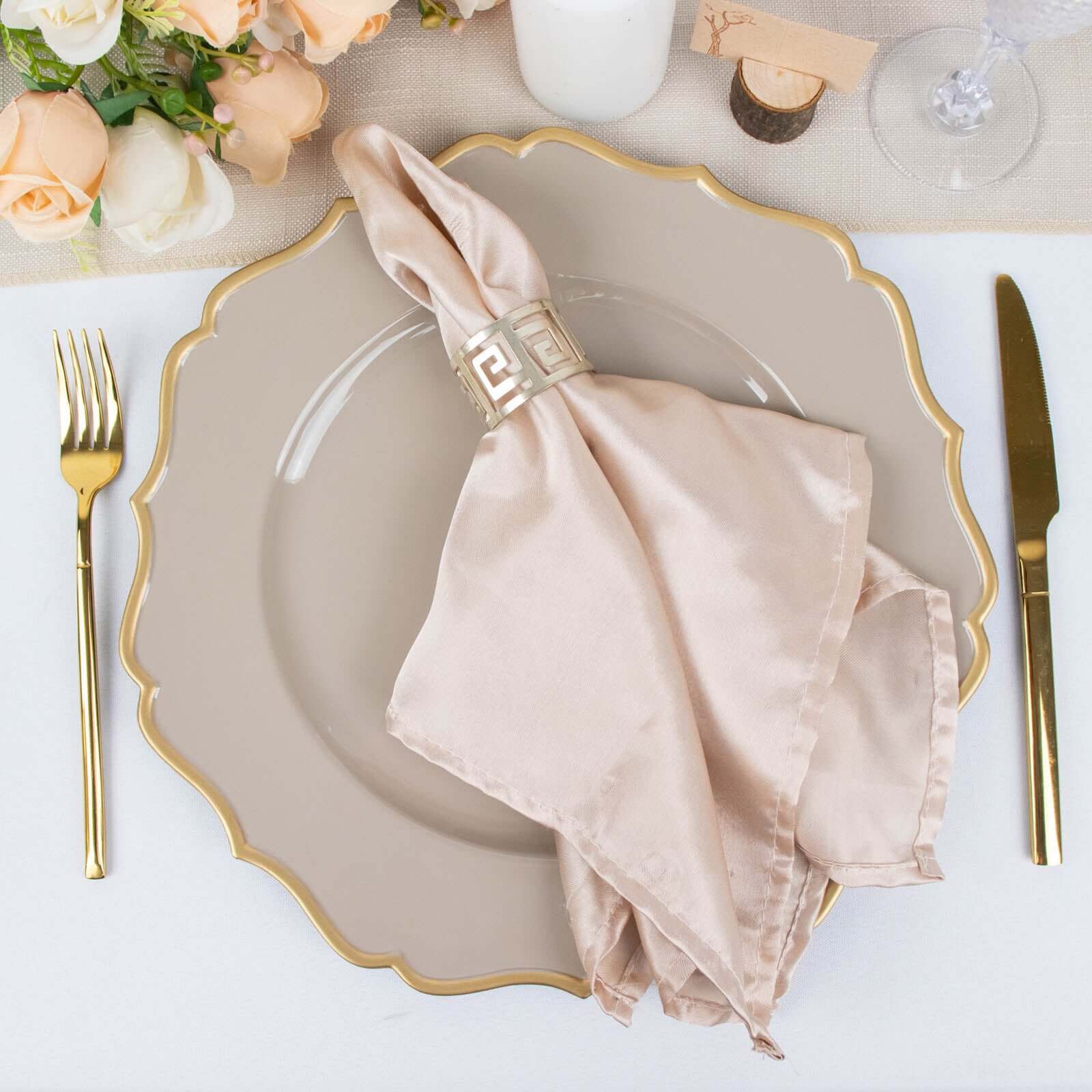 6-Pack Acrylic Round Charger Plates 13" in Taupe with Gold Scalloped Rim, Decorative Dinner Party Plastic Charger Tableware