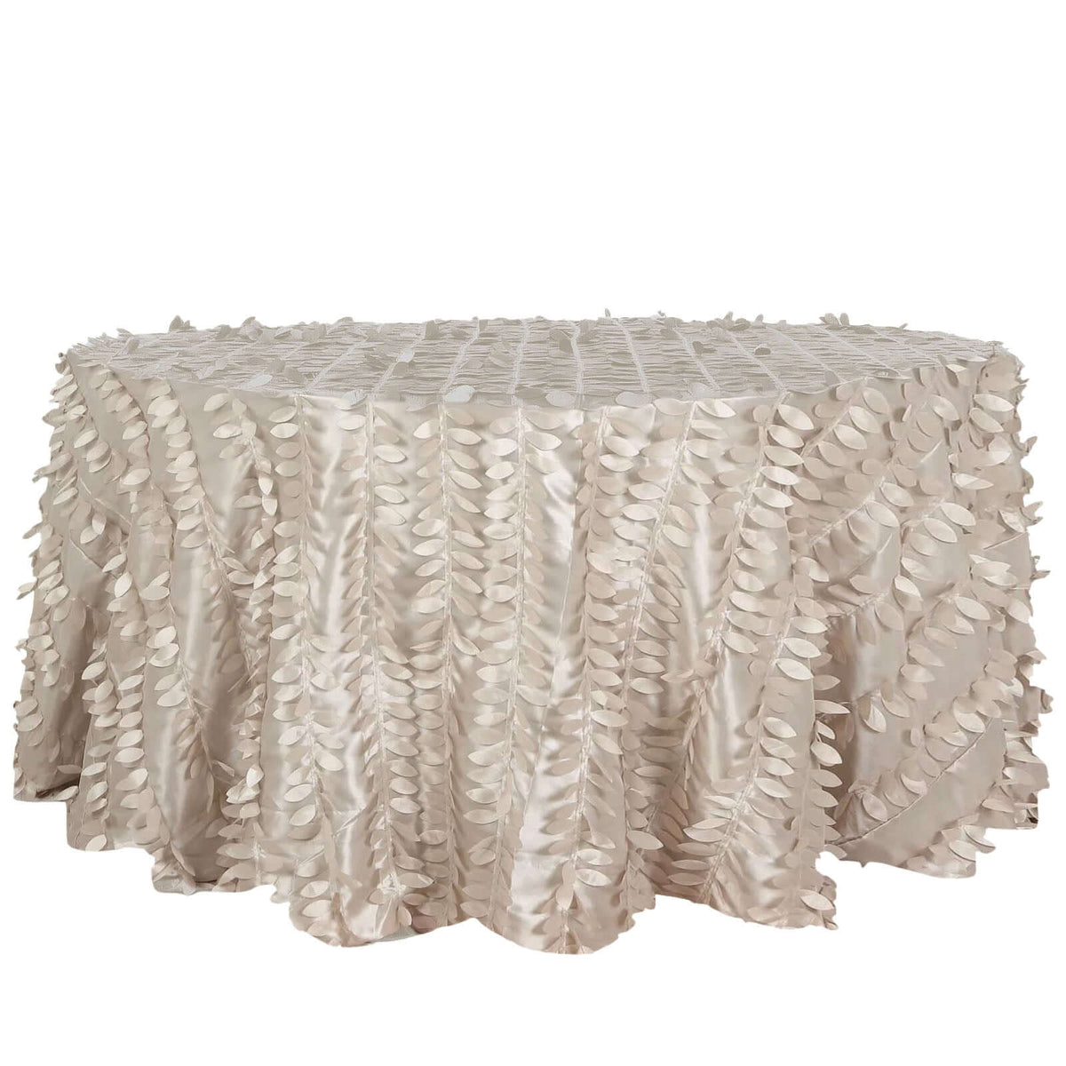 Taffeta 120" Round Tablecloth Beige 3D | 3D Leaf Petal Design Seamless Table Cover for Chic Wedding & Event Decor