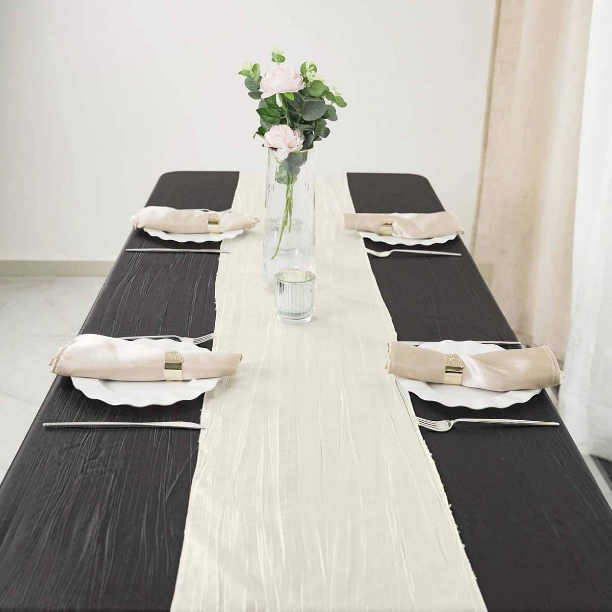Taffeta 12"x108" Table Runner Ivory - Accordion Crinkle Design