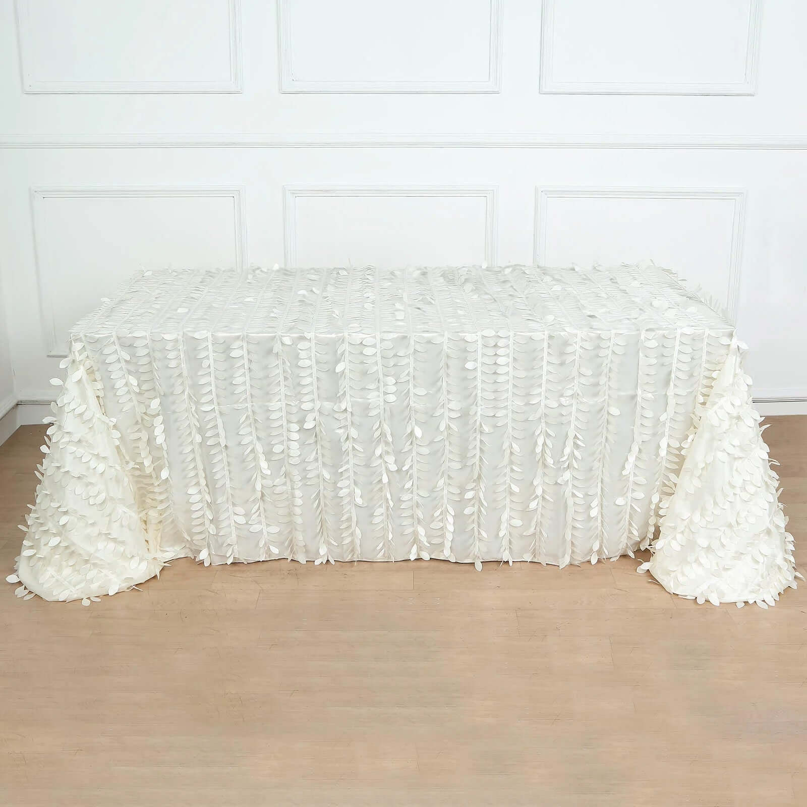 Taffeta 90"x156" Rectangle Tablecloth Ivory | 3D Leaf Petal Design Seamless Table Cover