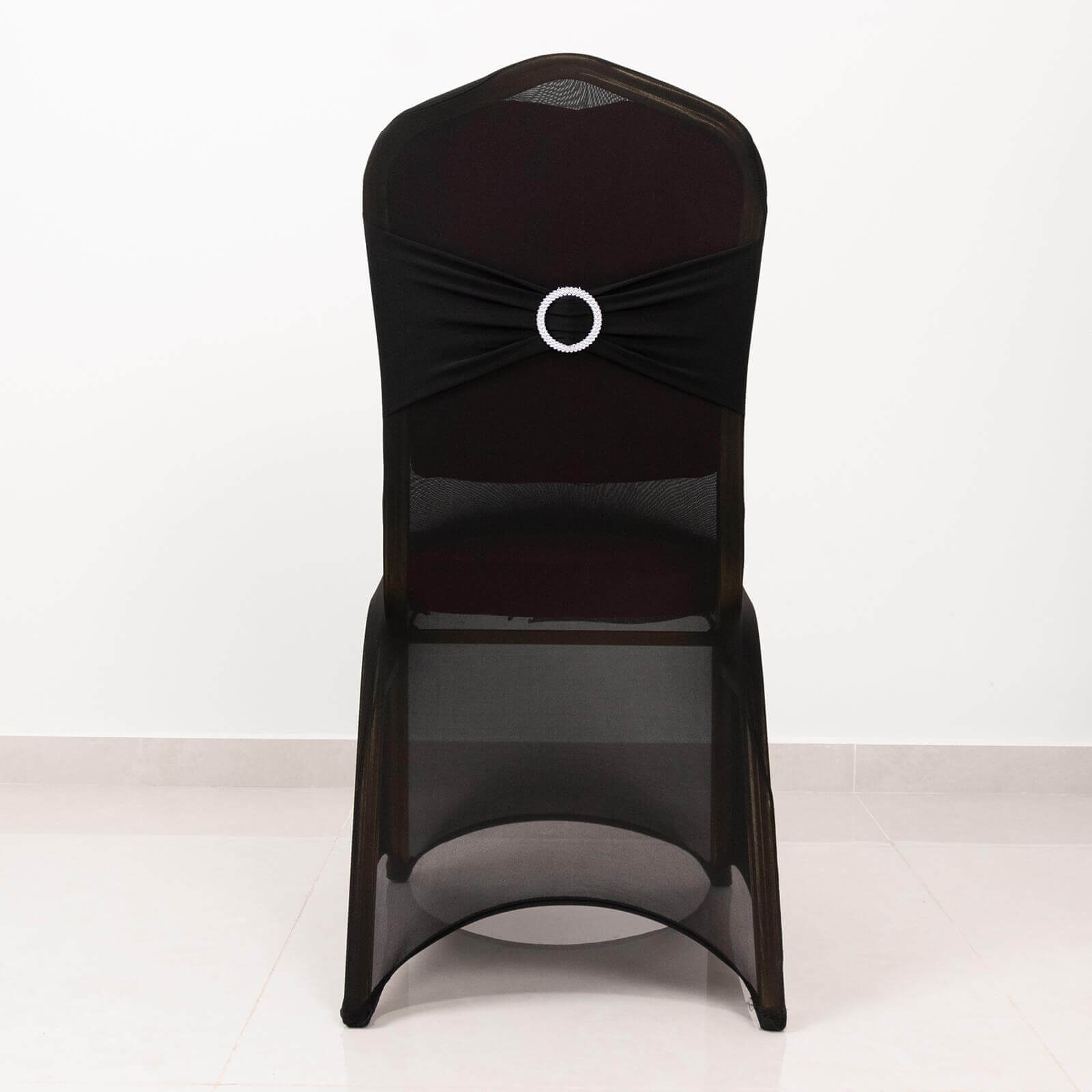 Spandex Chair Cover with Black Rhinestone Buckled Sash Band Blush - Stylish Stretch Fitted Slipcover for Banquets & Events