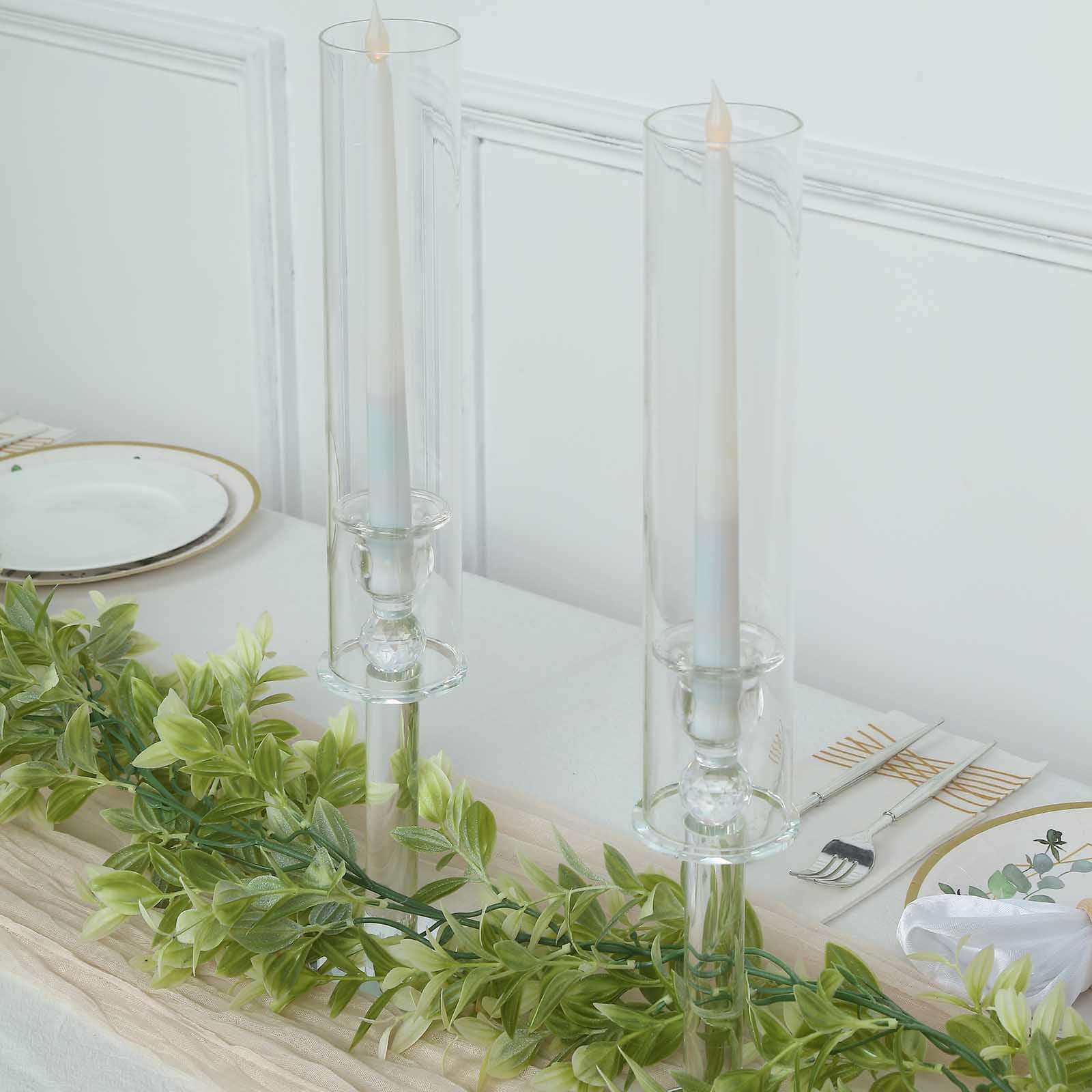 2-Pack Crystal Glass Hurricane Taper Candle Holders, Tall Decorative Candle Stands Clear Cylinder Chimney Tubes 18"