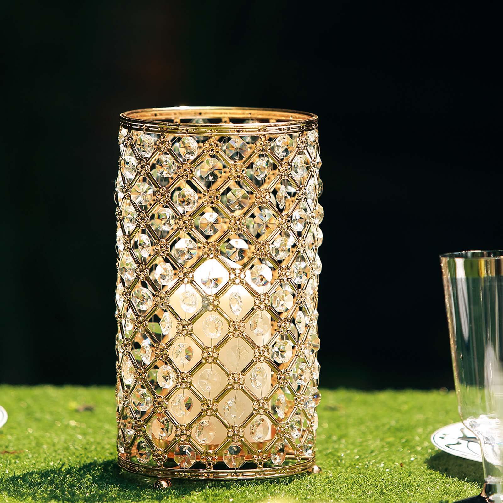 2-Pack Metal Crystal Beaded Pillar Holders Gold - Versatile Stem Vase Set for Decor 9"