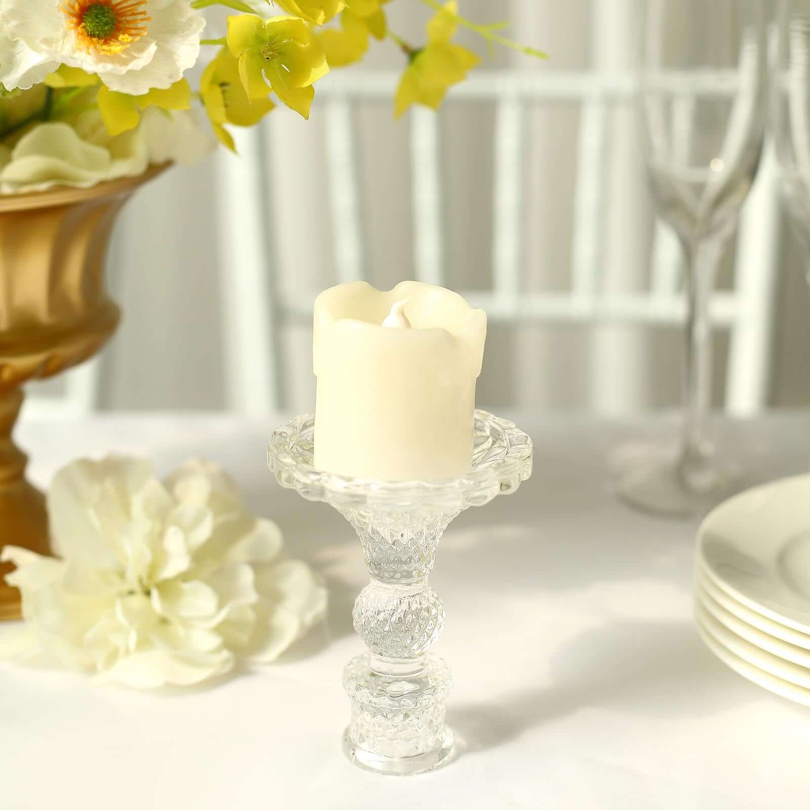 6-Pack Glass Taper Candlestick Holders Diamond Pattern Design Clear - Reversible Crystal Pillar Votive Stands 4"