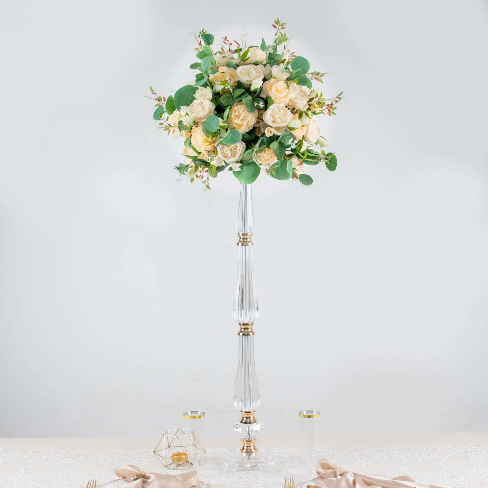 Acrylic Crystal Pillar Candle Stand Gold/Clear - Table Centerpiece and Wedding Flower Bowl Pedestal 32"