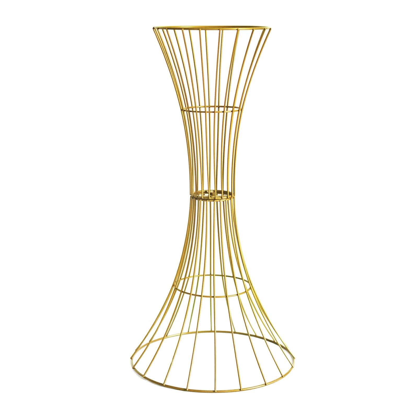 36" Tall Gold Metal Wire Hourglass Flower Frame Stand, Open Frame Reversible Trumpet Centerpiece Stand