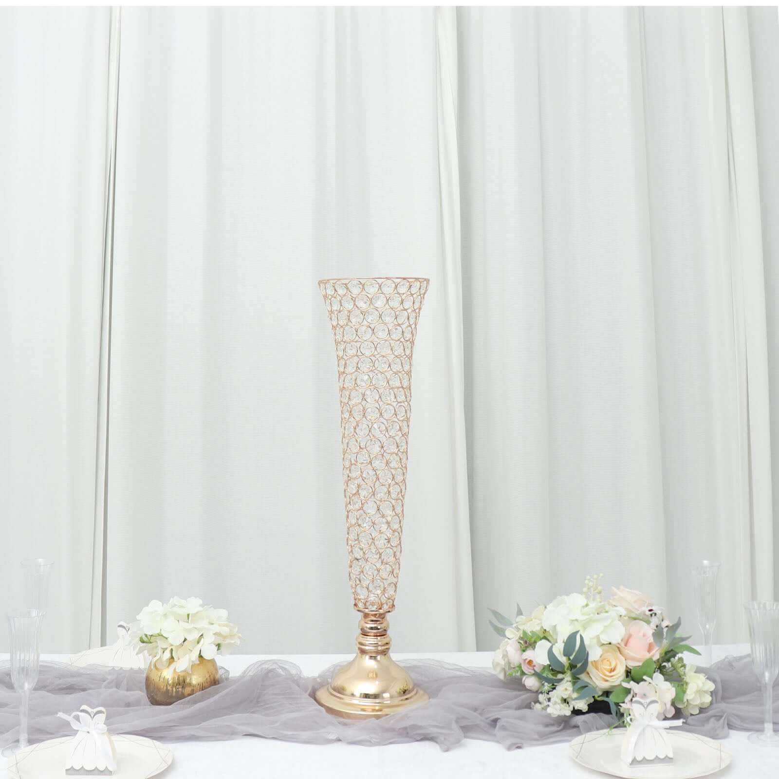 2-Pack Crystal Beaded Trumpet Vase Gold - Exquisite Floral Display Centerpiece Stand Set for Banquets & Receptions 28" Tall