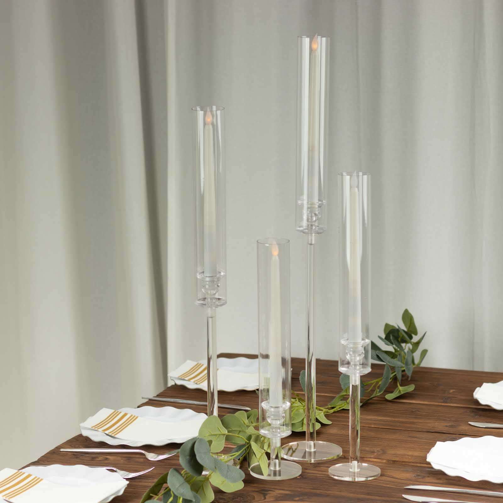 Set of 4 Acrylic Taper Candlestick Holders, Clear Tall Chimney Tube Candle Shades Hurricane Candle Stands 14", 18", 22", 26"