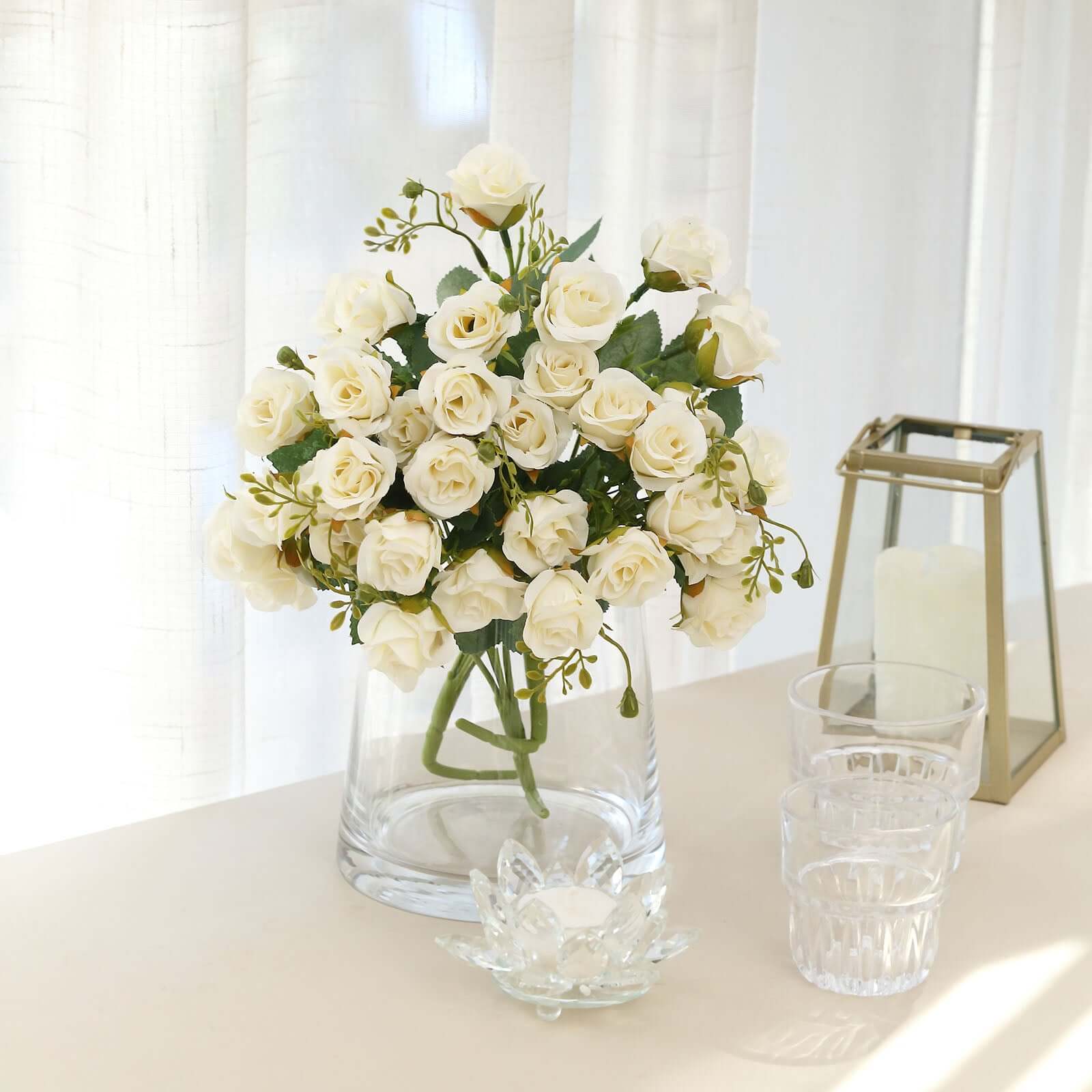 2 Pack 12" Ivory Artificial Open Rose Flower Arrangements, Small Faux Floral Bouquets