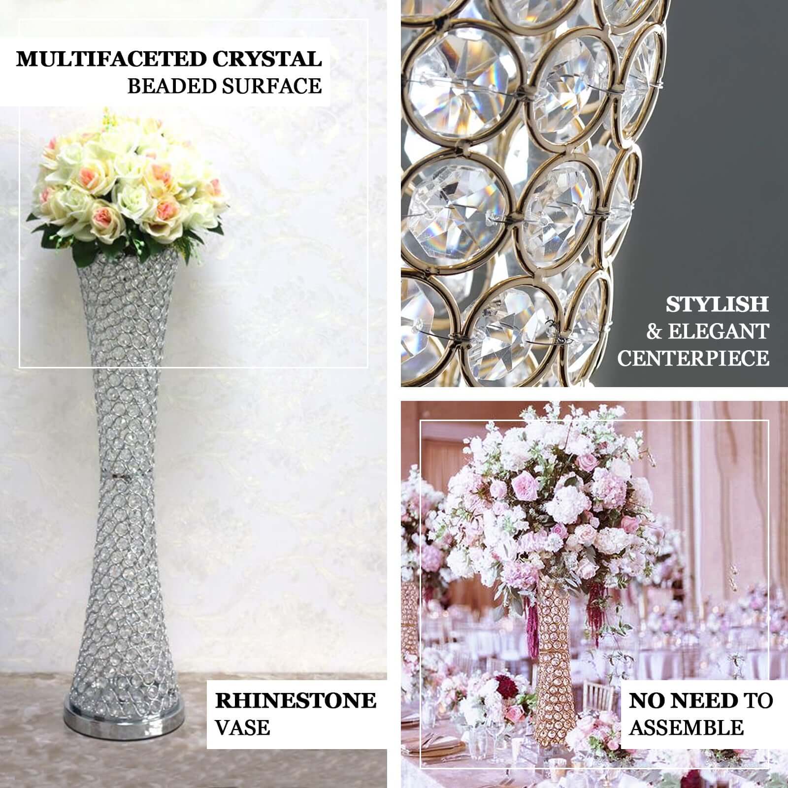 Metal Hurricane Floral Vase Centerpiece Metallic Gold with Crystal Beaded Design - Decorative Table Piece 36"