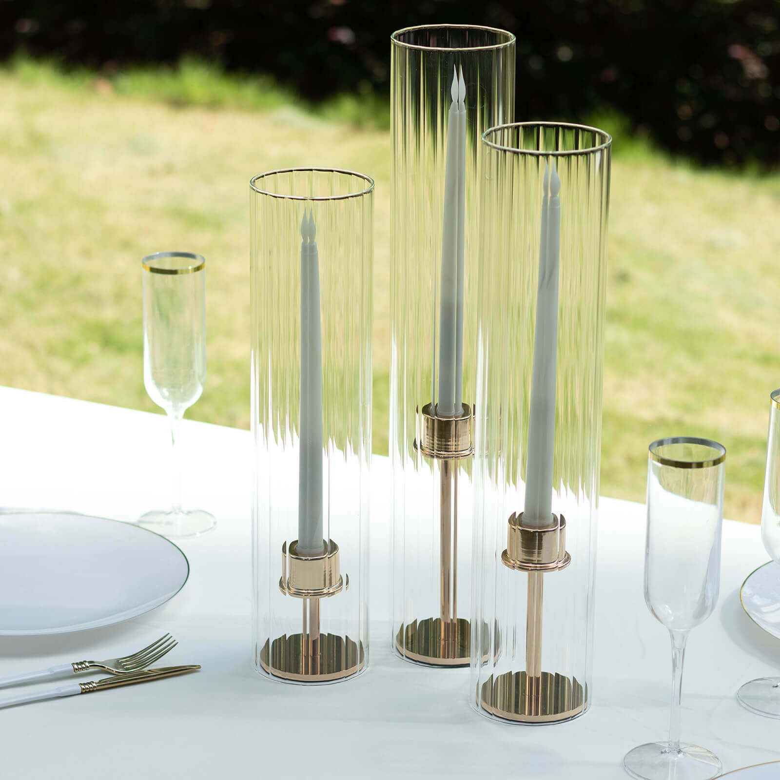 Set of 3 Clear Ribbed Glass Hurricane Shades Open End Design - Stylish Candelabra Pillar Candle Holder Table Centerpiece 15", 17", 19"