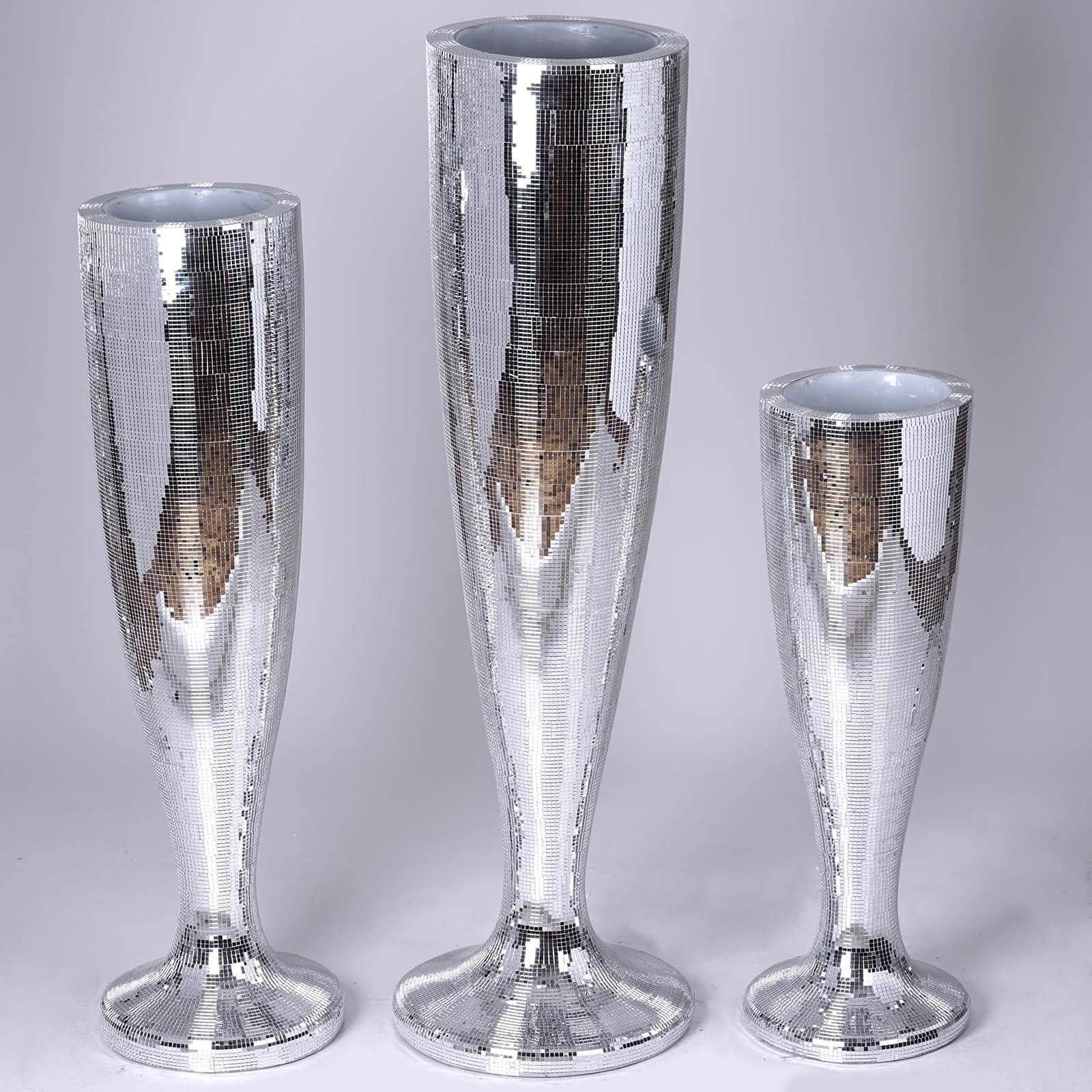 32" Tall Silver Polystone Mirror Mosaic Pedestal Trumpet Floor Vase
