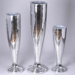32" Tall Silver Polystone Mirror Mosaic Pedestal Trumpet Floor Vase